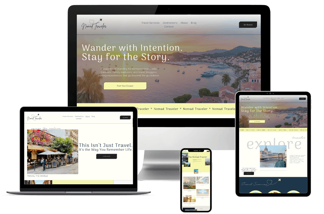 Responsive website design displayed on desktop, tablet, and smartphone screens showcasing a travel blog named 'Nomad Traveler' with scenic travel photos, navigation menu, and call-to-action buttons.