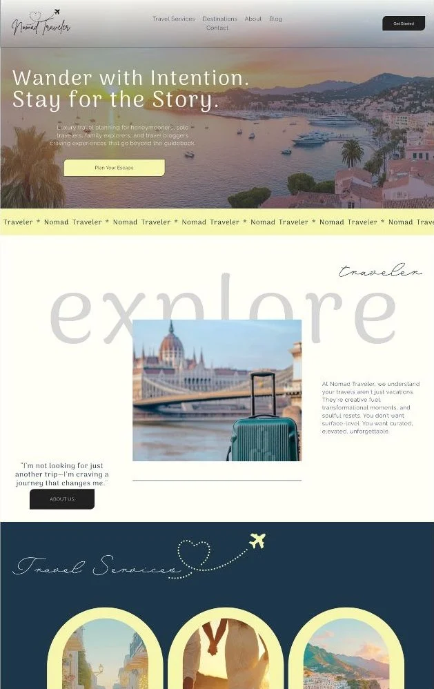 Travel website homepage with scenic header image of a coastal town, logo, navigation menu, call-to-action button, and promotional sections about travel services and destinations.