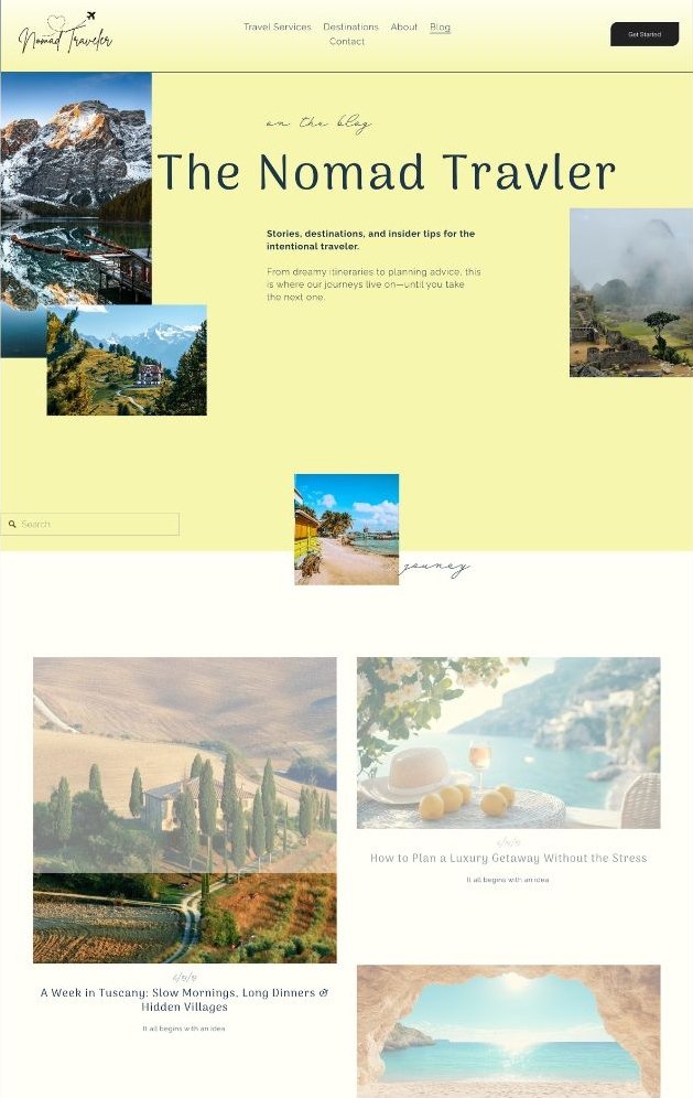 Travel blog homepage titled "The Nomad Traver" with scenic landscape photos, including mountains, countryside, beaches, and lakes, features navigation links, a search bar, and sample articles about travel destinations and tips.