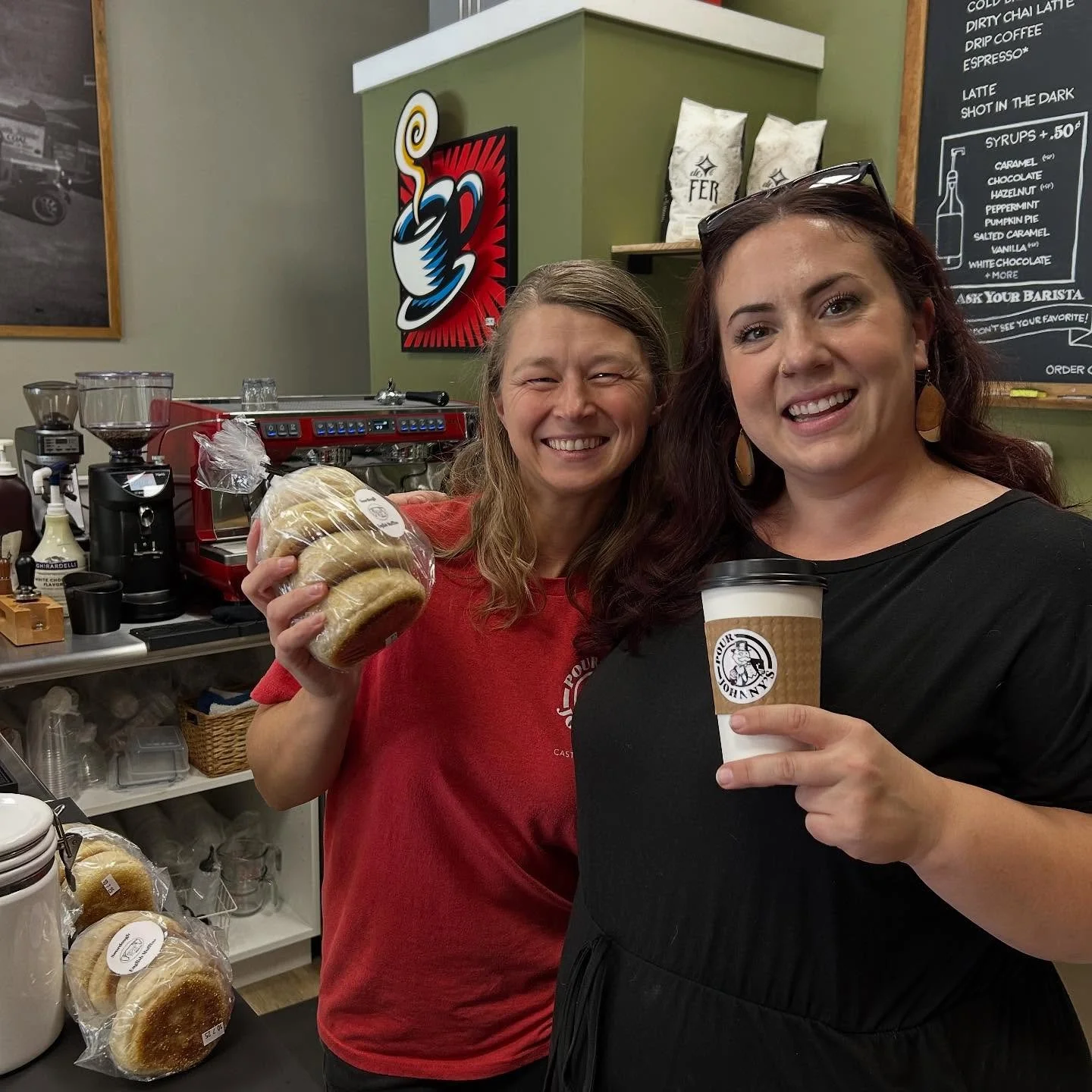 The perfect local pairing of freshly-roasted beans @pourjohnnys and delicious baked treats @brown.bear.bread.co.  Just delivered to the store &hellip; cinnamon coffee cake, marble loaf cake, birthday cake pushups and yes, we have a limited supply of 