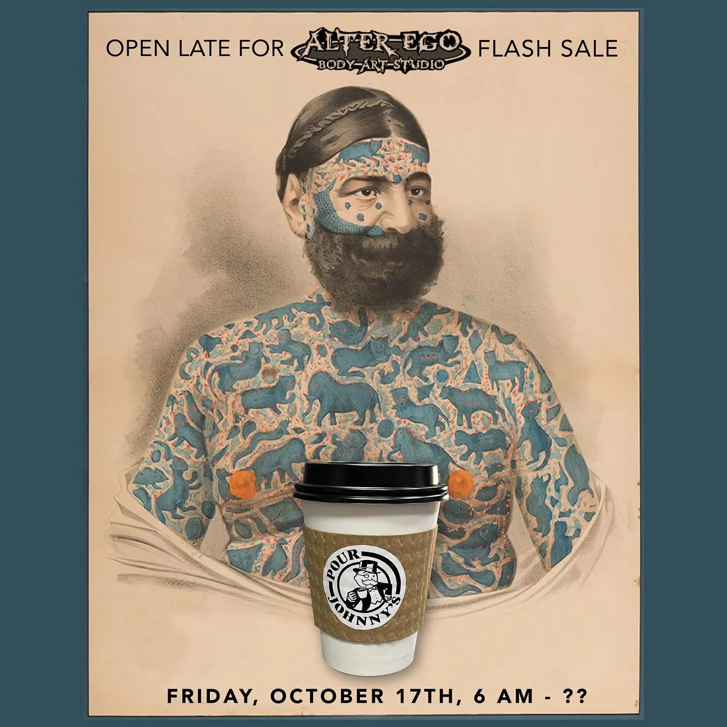 Grab a drink then get some ink.  We will be open late for @alteregobodyartstudio Friday, Oct. 17th flash event.  Drink features, freshly-delivered sweets &amp; goodies from @jonesycakes and @brown.bear.bread.co, and extended hours.  Tag a friend and 
