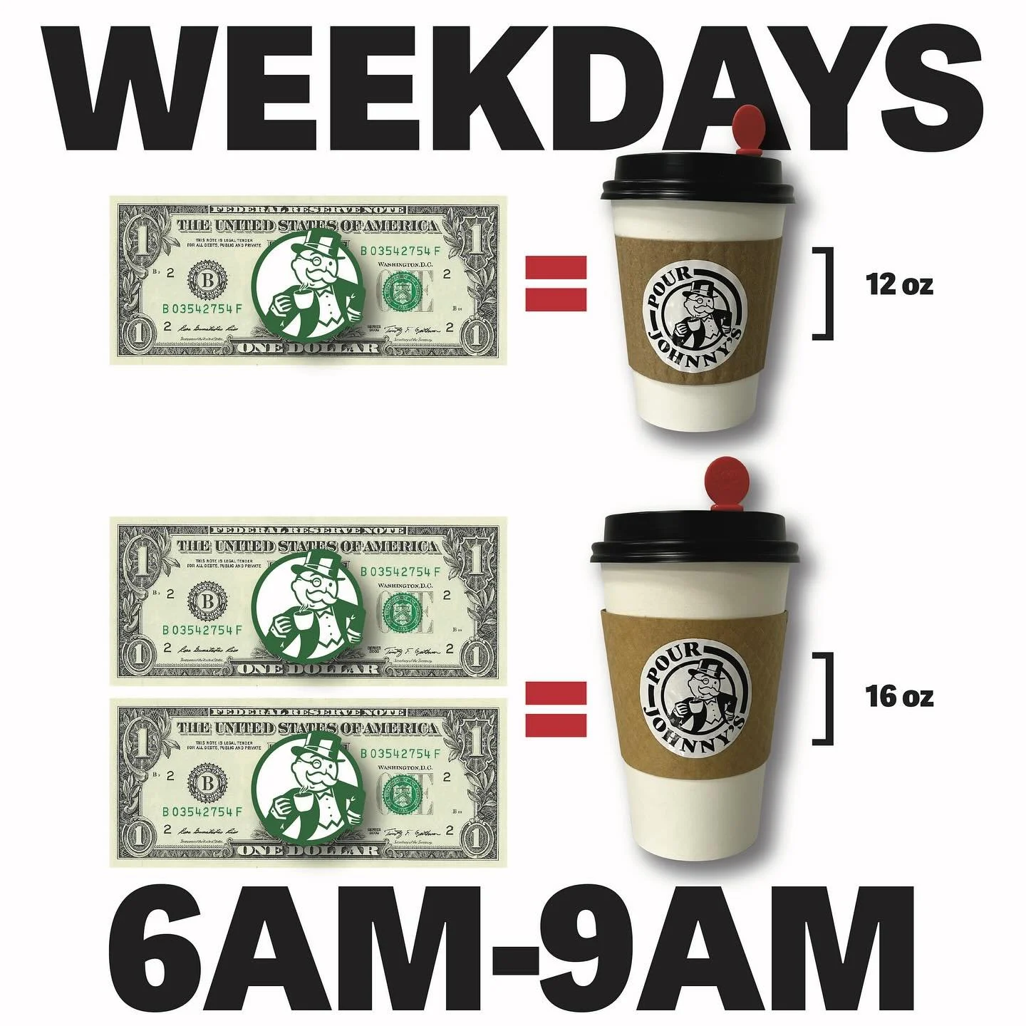 Are you up and out the door first thing?  Are you an early riser?  A morning lark?  A crepuscular chronotype? We are here for you and we can help.  Weekdays from 6 - 9 am join us for the sunrise and enjoy a 12 ounce drip coffee for just $1 or a 16 ou
