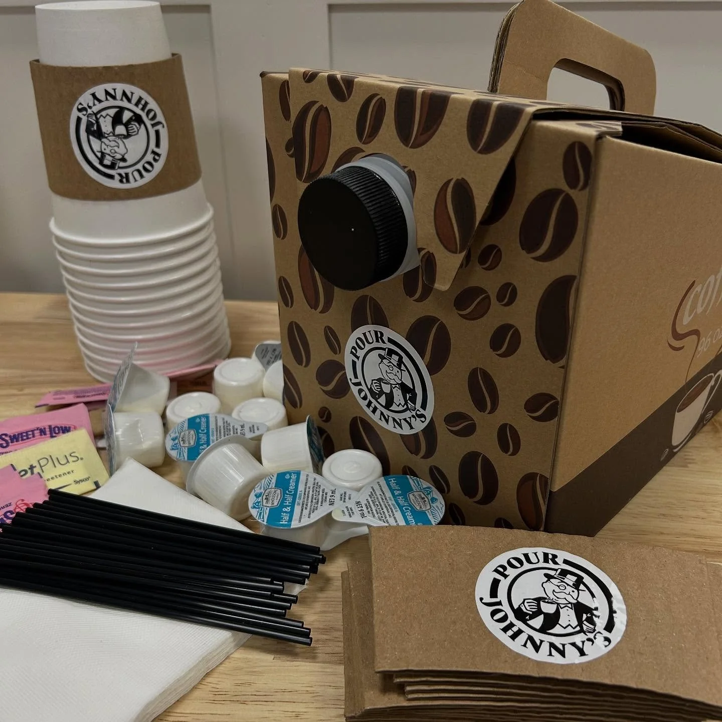 Be popular, win friends and influence people with a Pour Johnny&rsquo;s &ldquo;Joe-to-Go&rdquo; boxed coffee kit.  The perfect addition to a work meeting, family event, road trip, gathering of friends and more.  The 96-ounce insulated box is filled w
