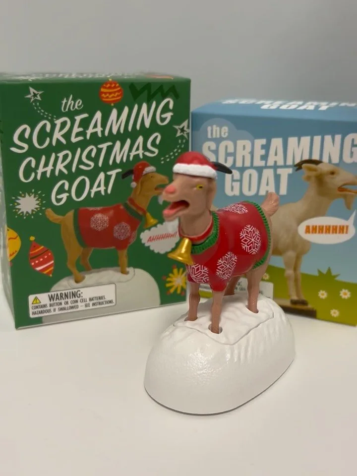 Classic holiday drinks are baaaaaack and they are the G.O.A.T.  White Chocolate &amp; Peppermint Latte (hot or cold) and our Eggnog Latte (with whole or almond milk). The Christmas and traditional Screaming Goats are grazing at the shop- the perfect 