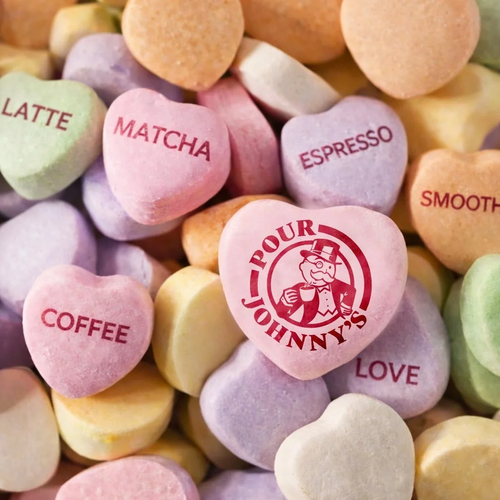 Today is a big day! Stop by and share a latte with the one you love.  Open &lsquo;til 2.  Happy Valentine&rsquo;s Day&hellip;and for those late bloomers @academy_florals brought a few extras just in case! #happyvalentinesday #lattelove #pourjohnnys #