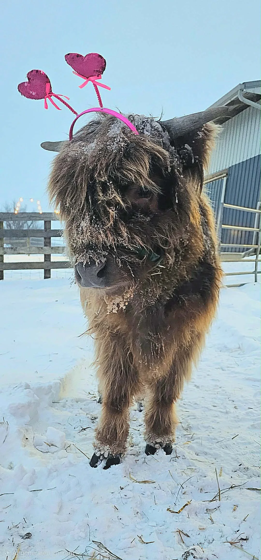 A fluffy dog wearing a pink headband with two heart-shaped antennae in a snowy outdoor area.