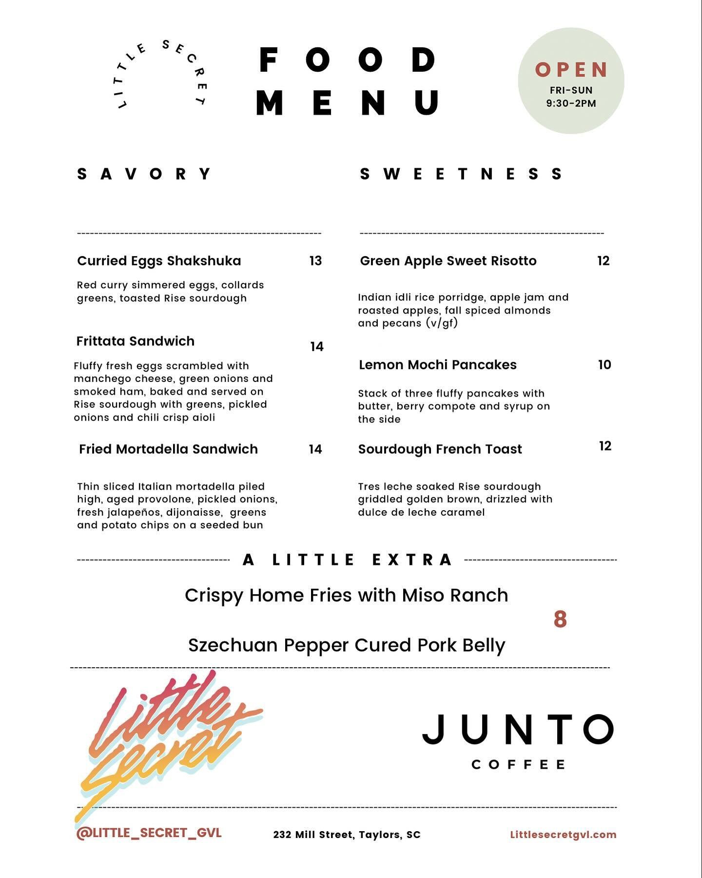 ITS THE OFFICIAL OPENING MENU DROP FOR OUR RESIDENCY WITH OUR FRIENDS @junto.coffee ! 

STARTING THIS WEEKEND COME BRUNCH WITH US AT TAYLORS MILL! THIS FOOD DOES NOT QUIT AND THE COFFEE IS FANTASTIC AND THE COMPANY IS BEYOND COMPARE AND OUR EXCITEMEN