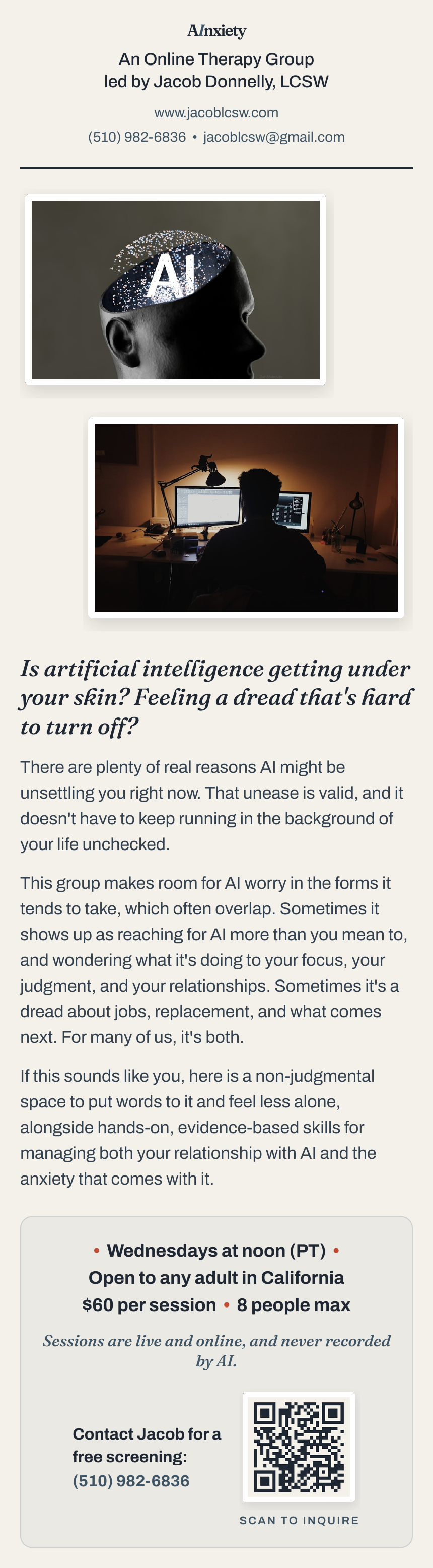 AInxiety flyer — an online therapy group for anxiety about AI, led by Jacob Donnelly, LCSW, Berkeley, CA