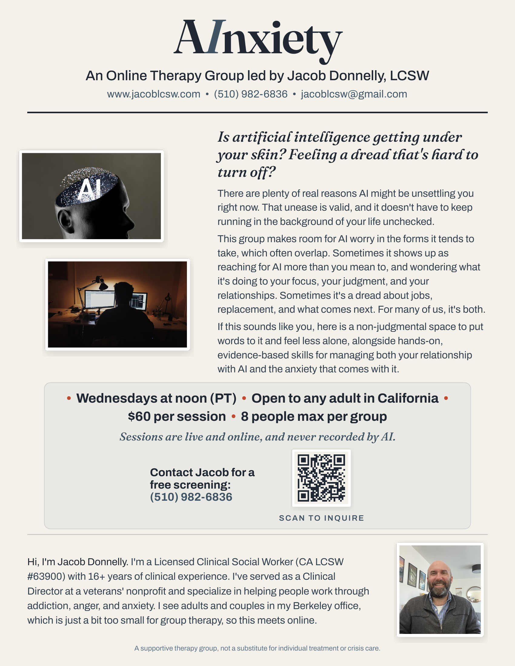 AInxiety flyer — an online therapy group for anxiety about AI, led by Jacob Donnelly, LCSW, Berkeley, CA