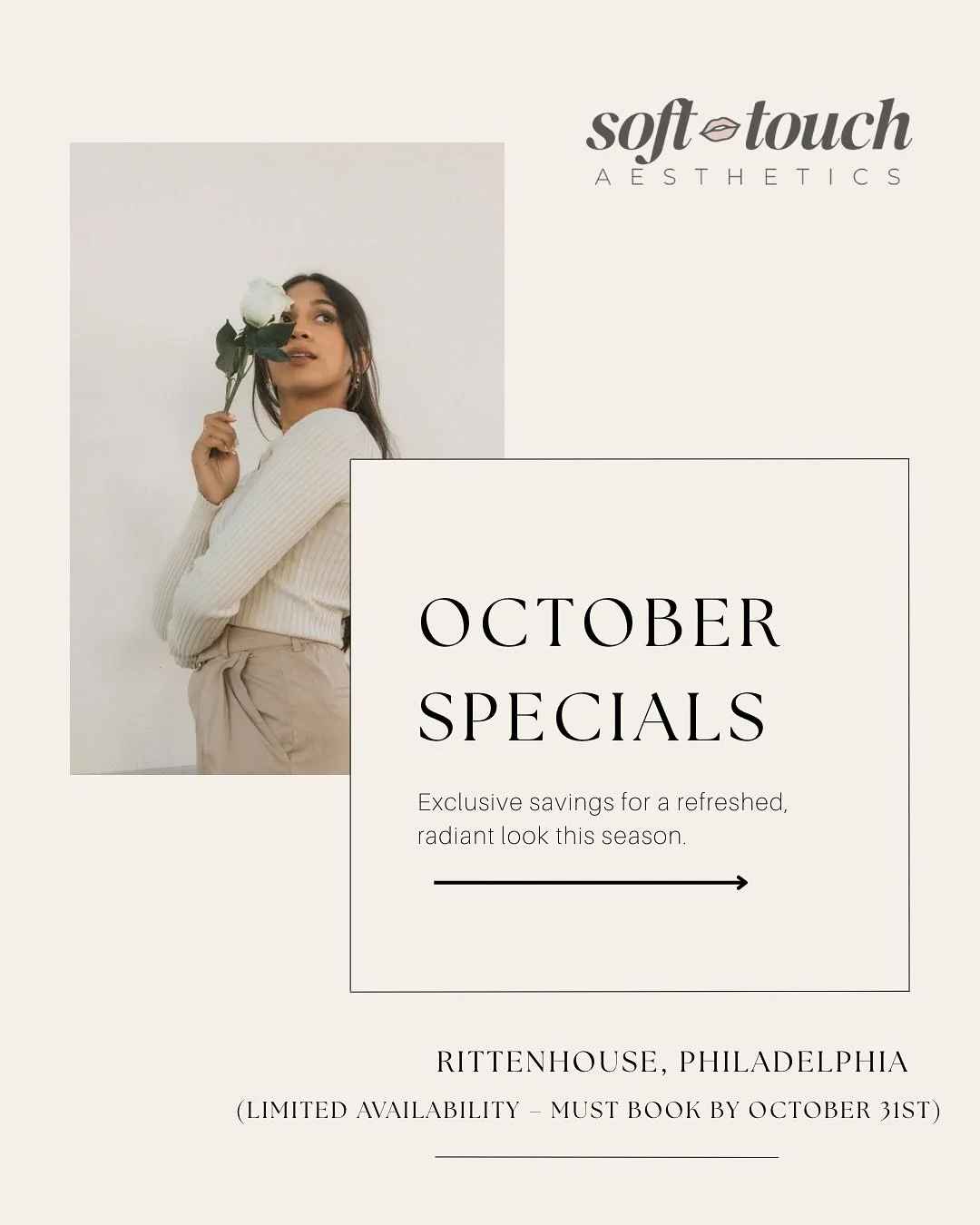 ✨ October Specials Are Here ✨
The perfect time to refresh, refine, and get holiday-ready at Soft Touch Aesthetics. Whether you&rsquo;ve been considering tox, lips, or a full under-eye refresh, this month is your chance to experience our signature tre