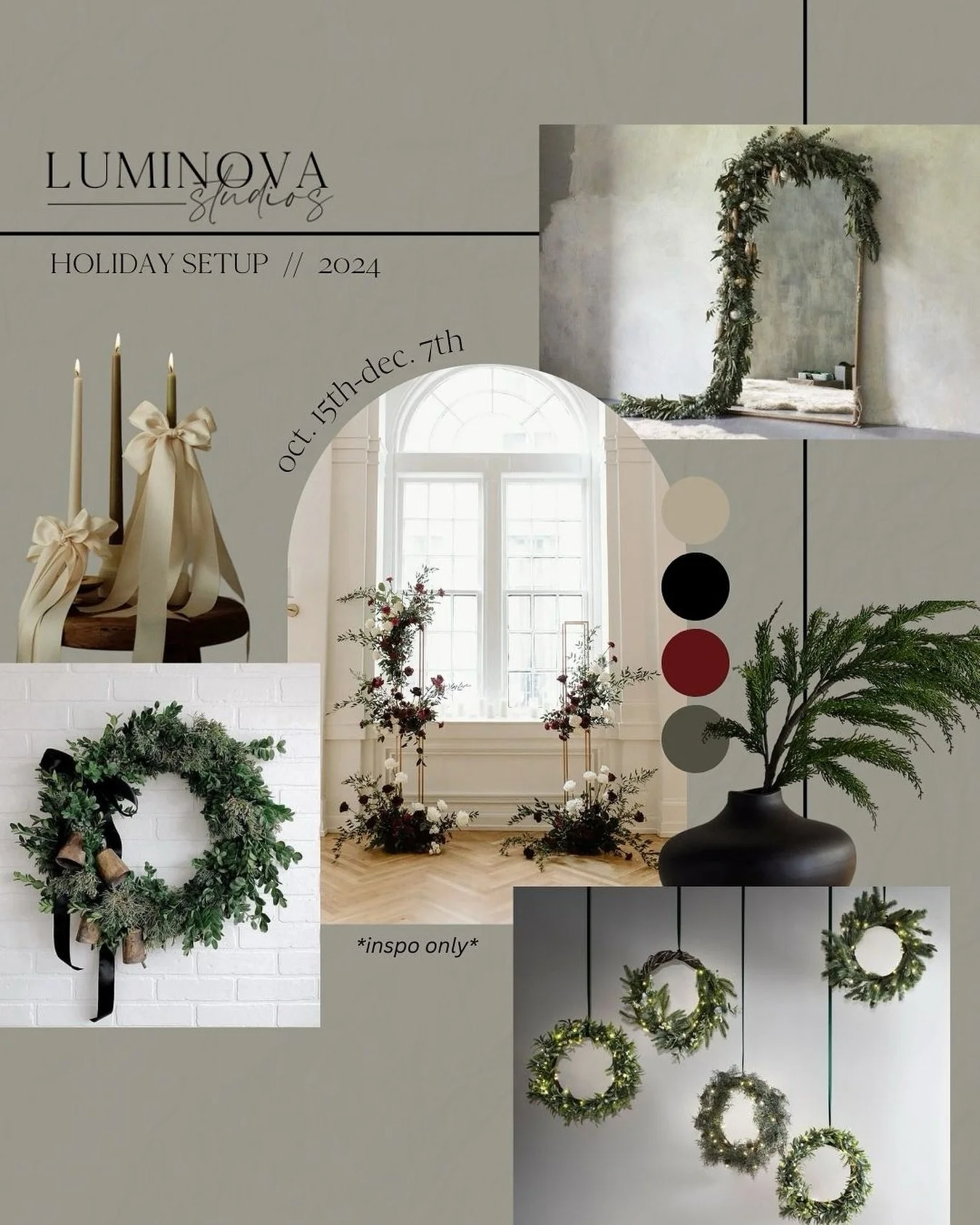 The moment you&rsquo;ve all been waiting and asking for: Luminova Studios holiday setup starting October 15th and running through December 7th.🌲🤍

We will have an amazing 3 tier standing floral install by @89thandautumn setup. This install will be 