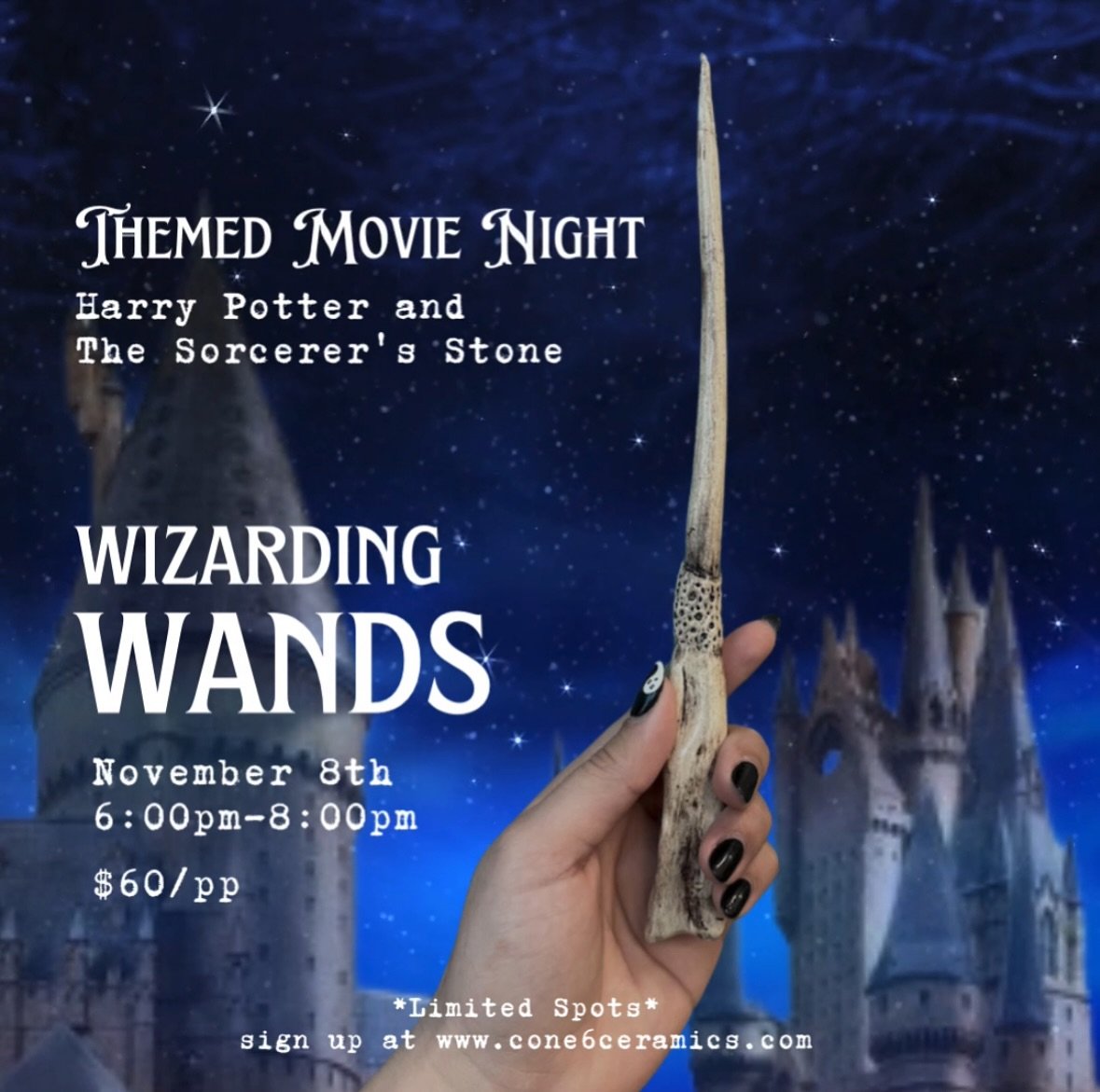 🧙&zwj;♂️✨ Join us for a magical movie night this Friday, November 8th! We&rsquo;re watching Harry Potter and the Sorcerer&rsquo;s Stone while handbuilding our very own wizarding wands!

Come ready to get creative and cozy up with popcorn, snacks, an