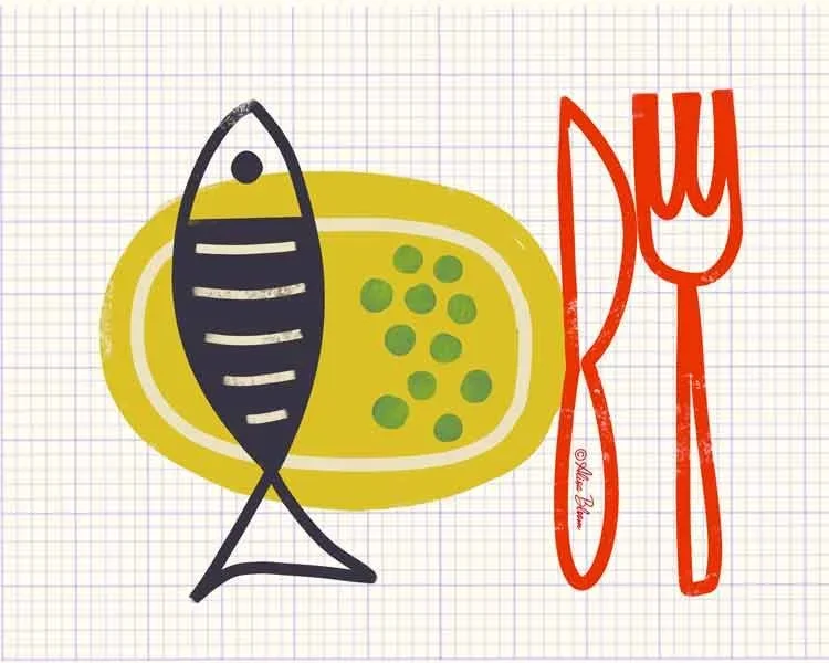 A fish and green peas Illustration for a menu.