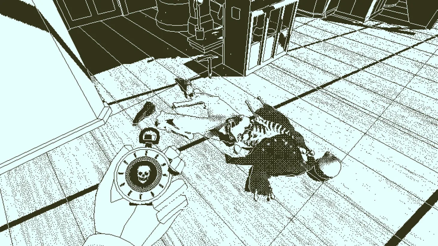 screenshot showing 1 bit dithering from Return of the Obra Dinn by Lucas Pope