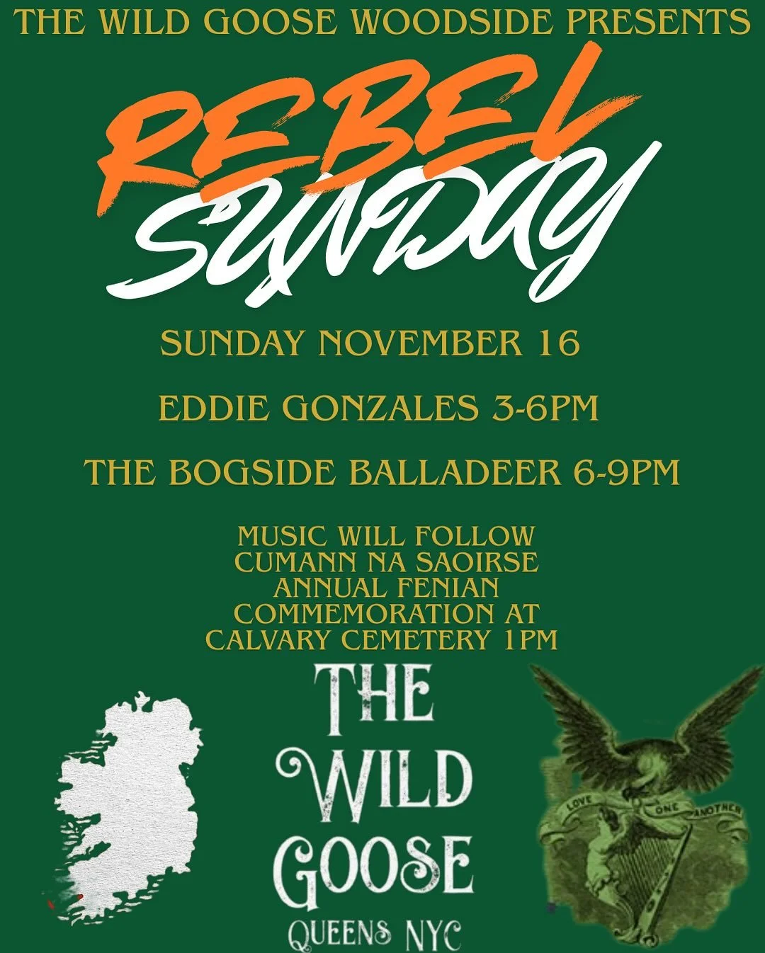 Date for your diary !!
Following the annual Annual Fenian Commemoration on November 16  @ the Fenian monument 
We are hosting an afternoon &amp; evening  of Irish Rebel music 
Featuring Queens own Eddie Gonzales and direct from Derry City Ireland the