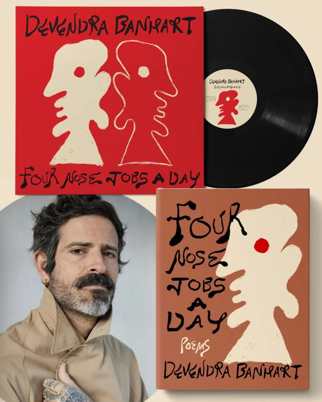 ✨!COVER REVEALS!✨

Devendra Banhart's new book of hilarious, heartfelt, and otherworldly poems FOUR NOSE JOBS A DAY is galloping to shelves everywhere THIS JUNE.

Pair and preorder a SIGNED book with a special vinyl recording of NEW MUSIC and SPOKEN 