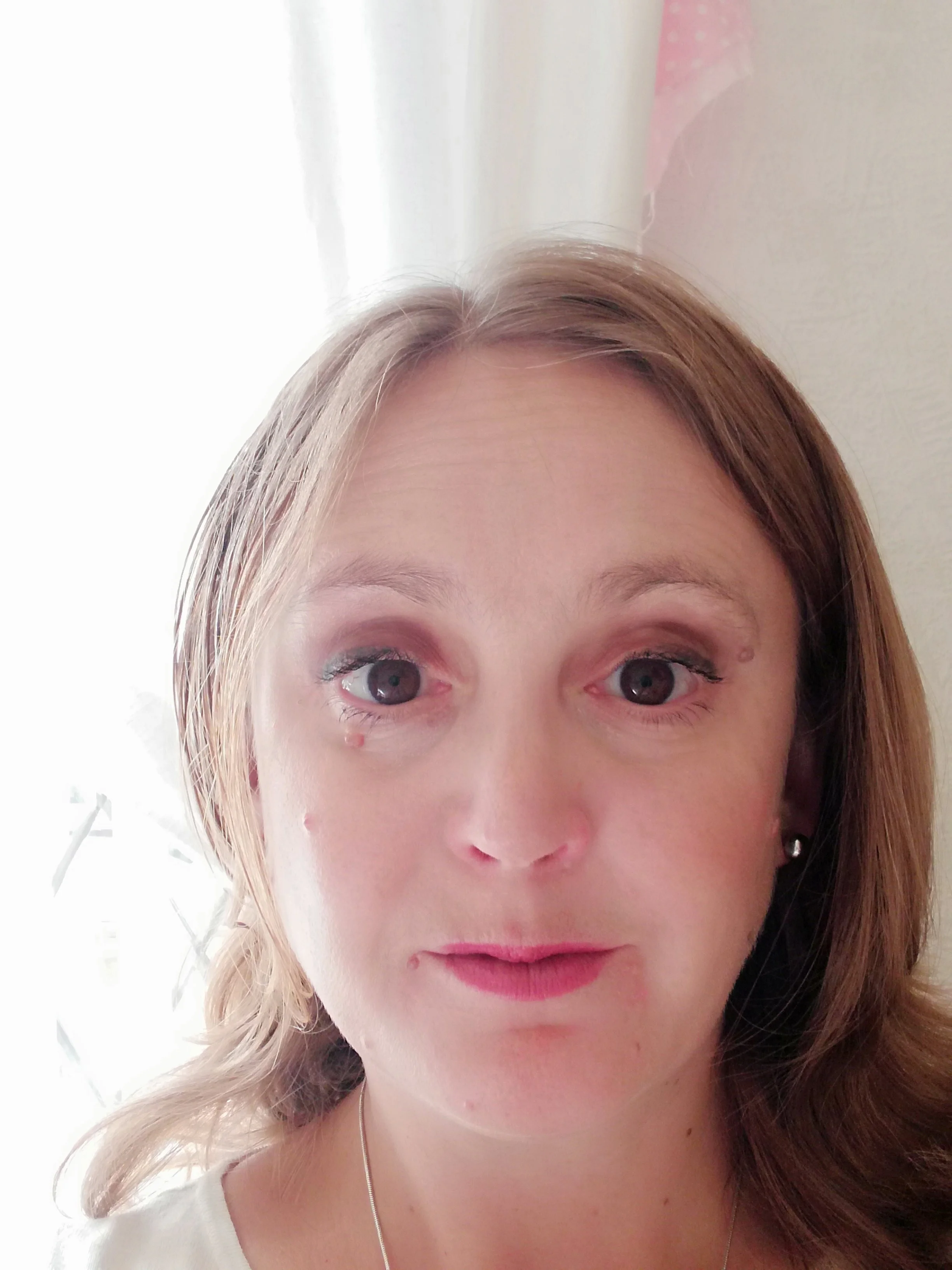 Close-up of a woman with light brown hair, wearing makeup, earrings, and a necklace, indoors with natural light.