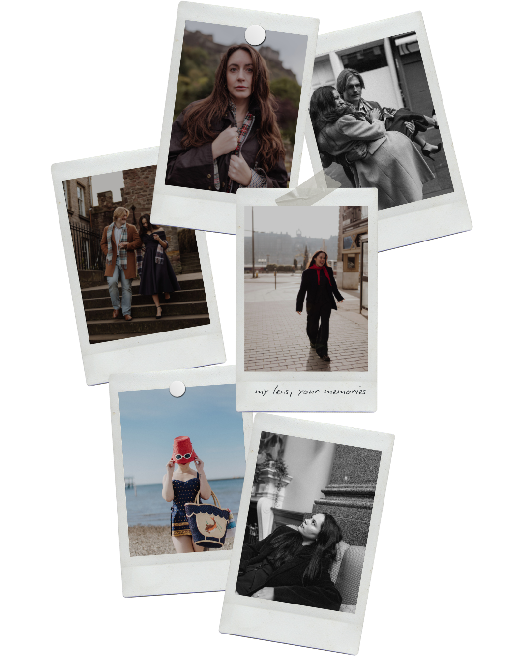 Collage of seven vintage-style photographs showing women in various settings, including outdoor city and beach scenes, and black-and-white images of women in candid moments.