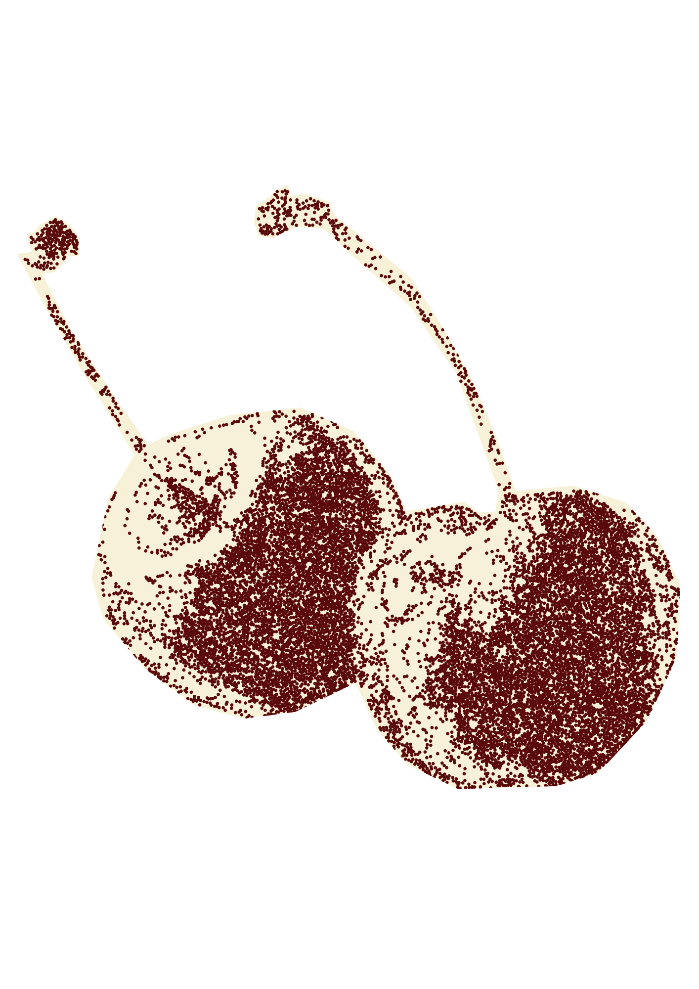 Stylized illustration of two cherries, one slightly behind the other, with brown stems and speckled red and beige coloring on a black background.