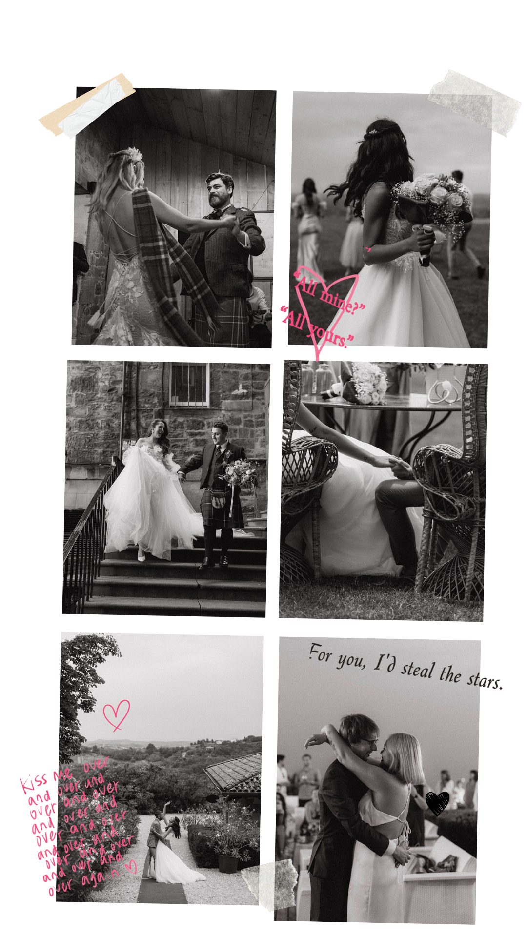 Collage of six black-and-white and sepia-colored wedding photographs featuring couples and wedding scenes, with handwritten notes and decorative stickers.