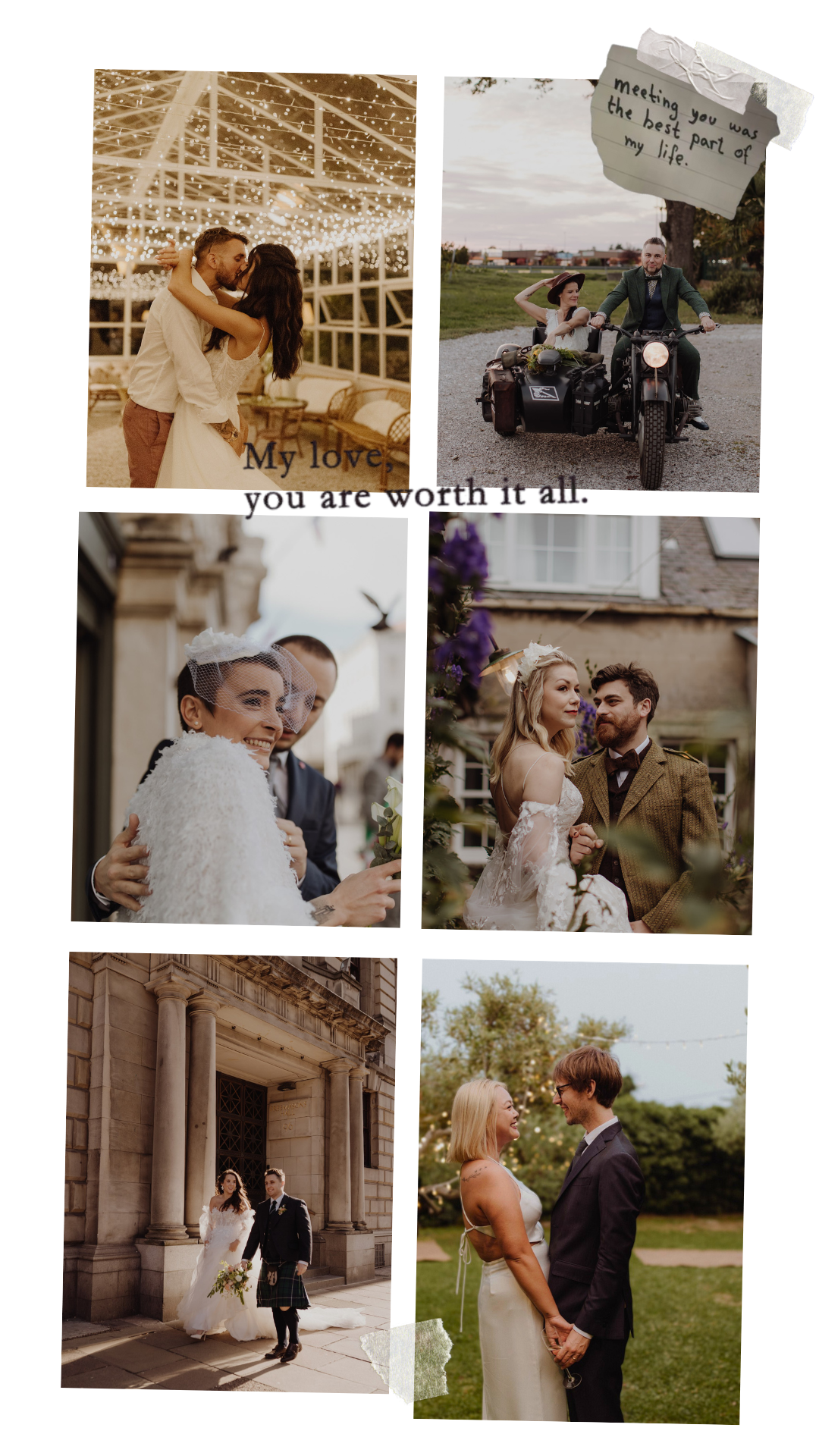 Collage of wedding photos including couples dancing, riding a motorcycle with a sidecar, a bride with her guests, and a couple walking out of a courthouse, with a note reading 'meeting you was the best part of my life' attached to the top right corner.