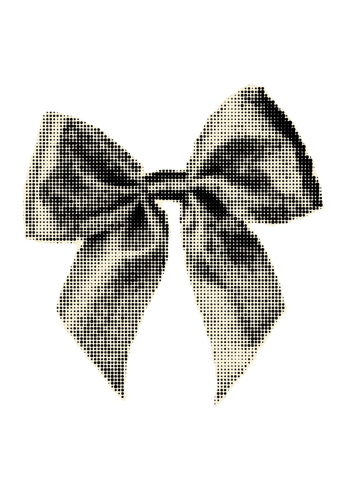 A stylized black and beige illustration of a bowtie, composed of halftone dots.