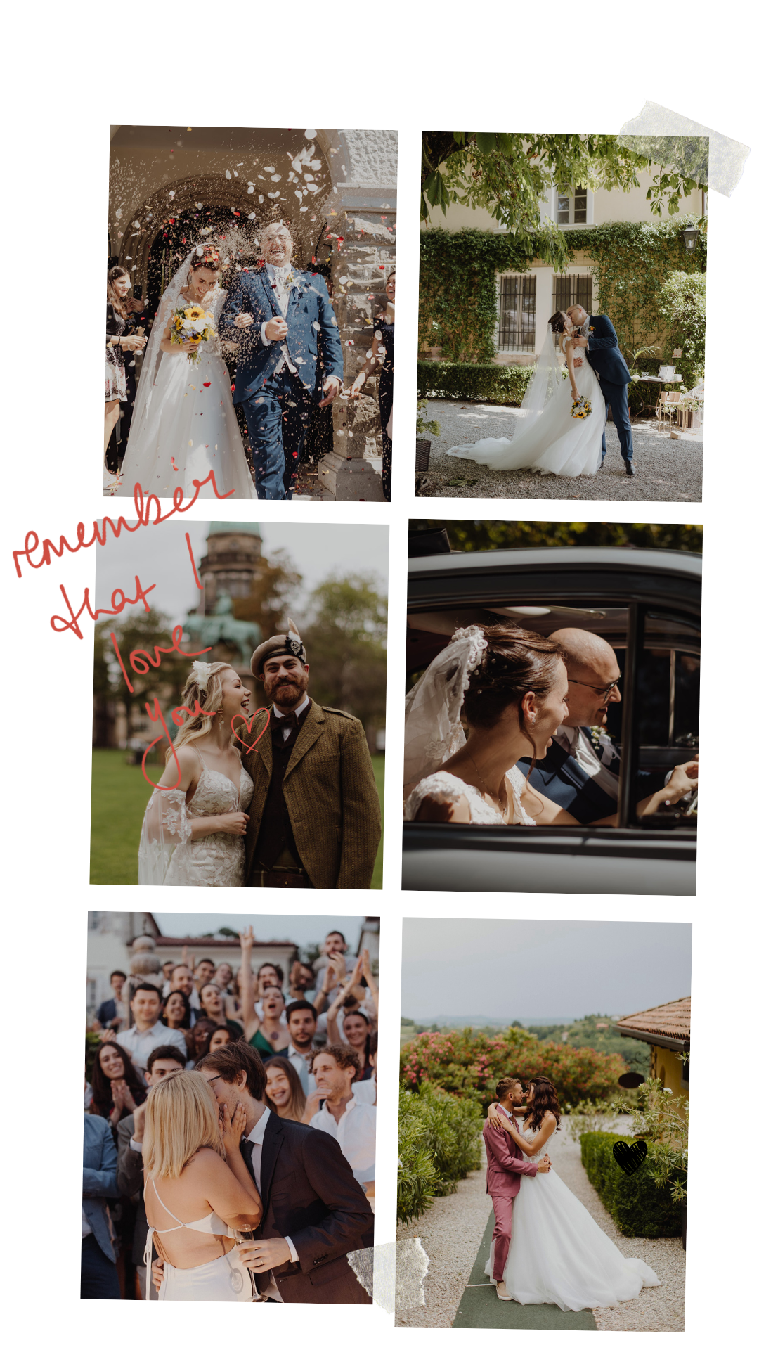 A collage of six wedding photos showing various couples and groups celebrating their wedding, including a bride and groom leaving a church, a couple kissing outside, a bride and groom in historical costumes, a bride and father in a vehicle, a couple kissing at a party, and a couple embracing outdoors.