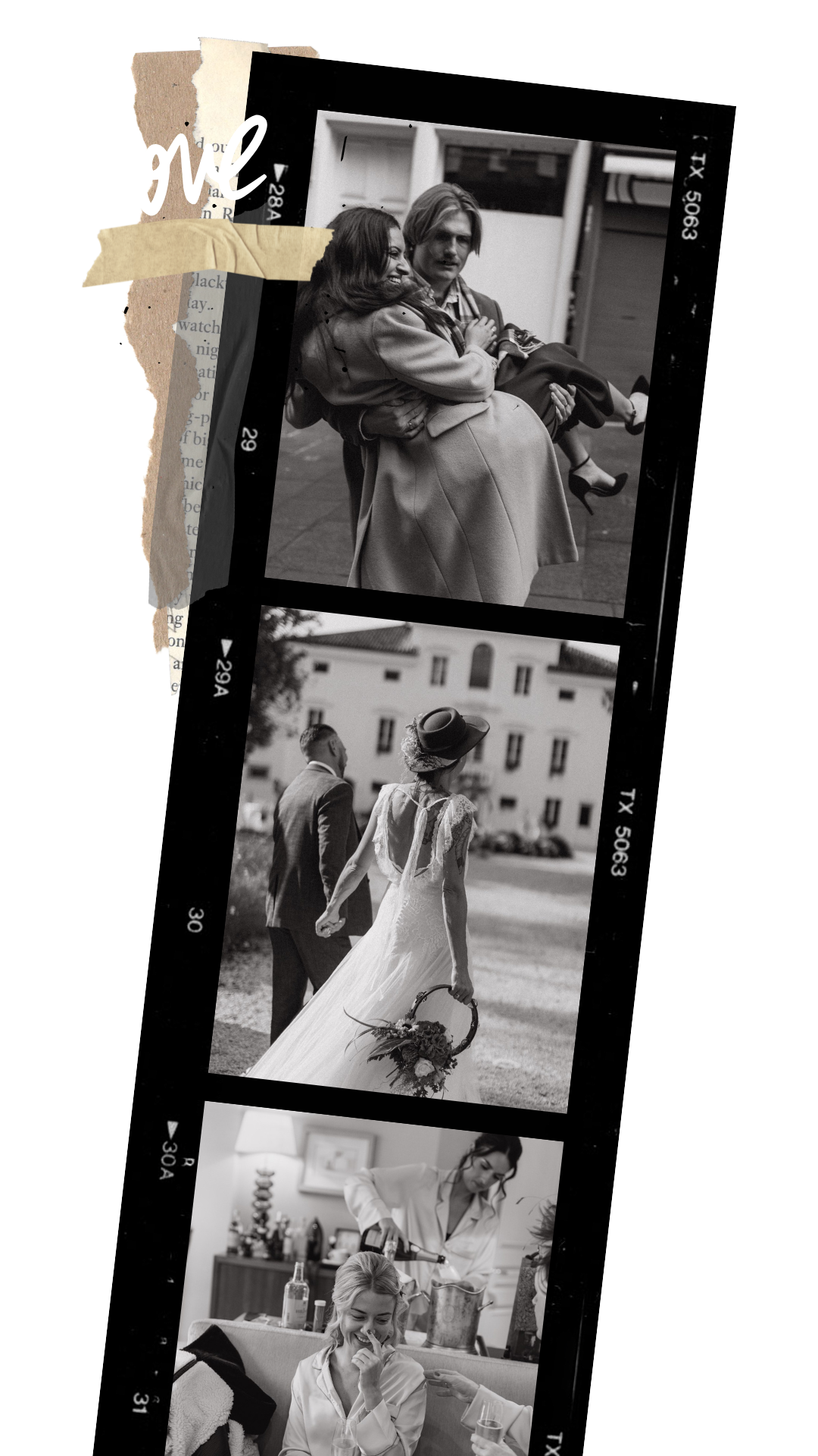 Black and white contact sheet with three photos: First shows a woman being carried by a man on a city street, smiling; second shows a woman in a wedding dress holding a bouquet walking away with a man, in front of a large building; third shows a woman laughing at a party or celebration, with another person pouring a drink.
