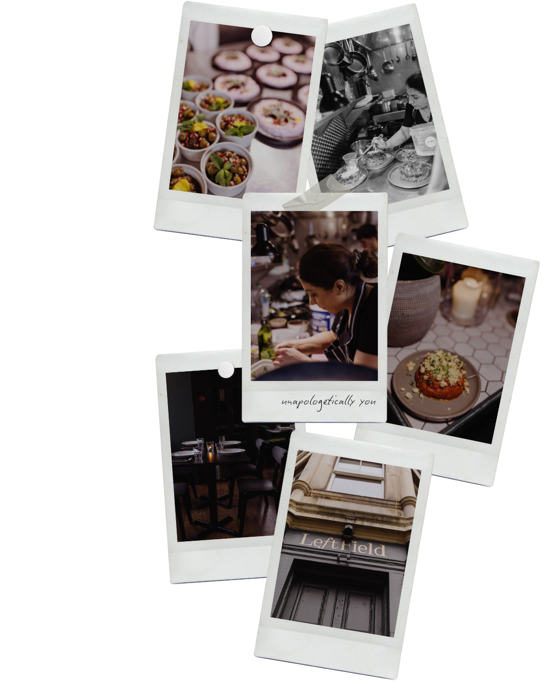A collage of six photographs showing various scenes related to food, cooking, and a restaurant. The images include dishes, chefs preparing food, a restaurant interior, and an outside view of a building with the word 'Leftfield' on the door.