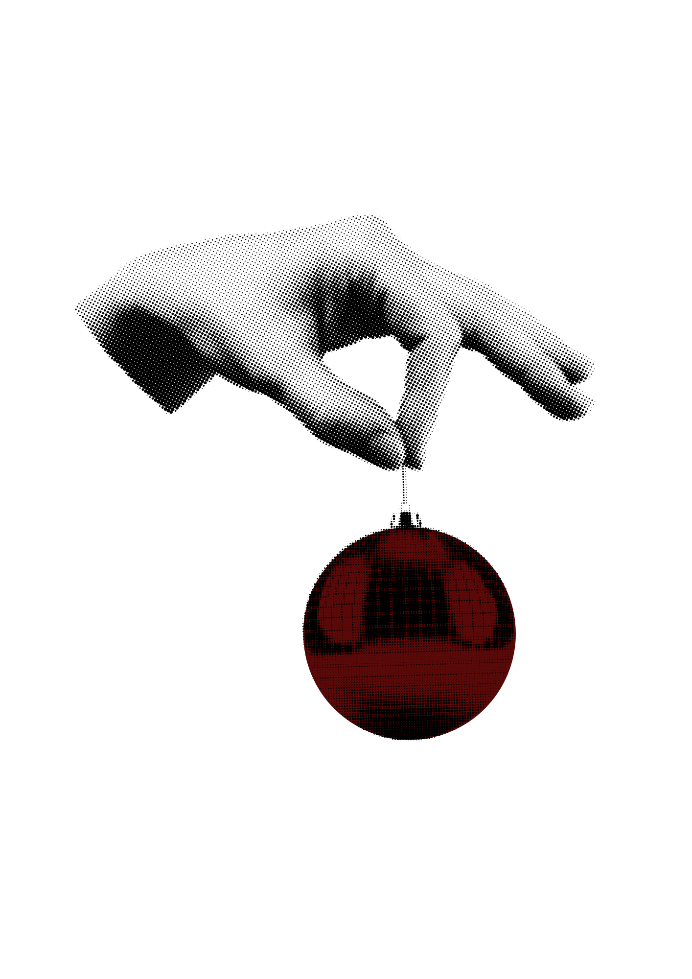 A grayscale, halftone-style illustration of a hand holding a red Christmas ornament against a black background.