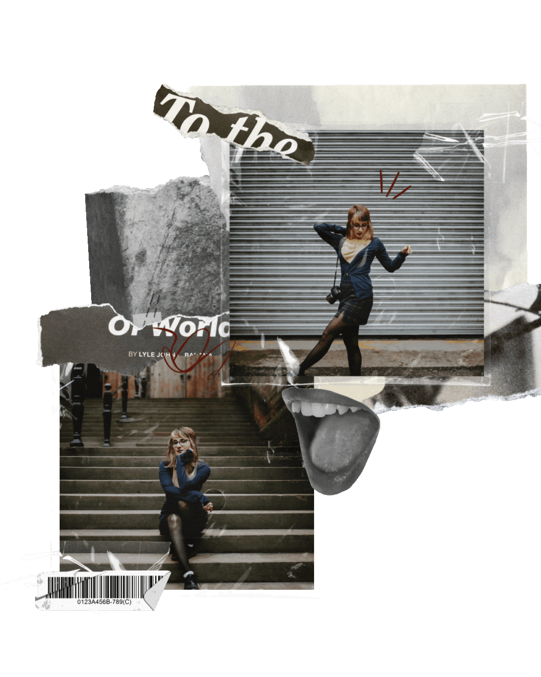 Collage of three images, with a bright green background. The top right shows a woman with glasses, wearing a blazer and plaid skirt, standing in front of a roller shutter, striking a pose. The bottom left features the same woman sitting on stairs, resting her chin on her hand. The middle left displays torn paper with the text 'on the' and 'BY LYLE JON' partially visible. Additional elements include a lipstick print, a mouth with tongue out, and a barcode.