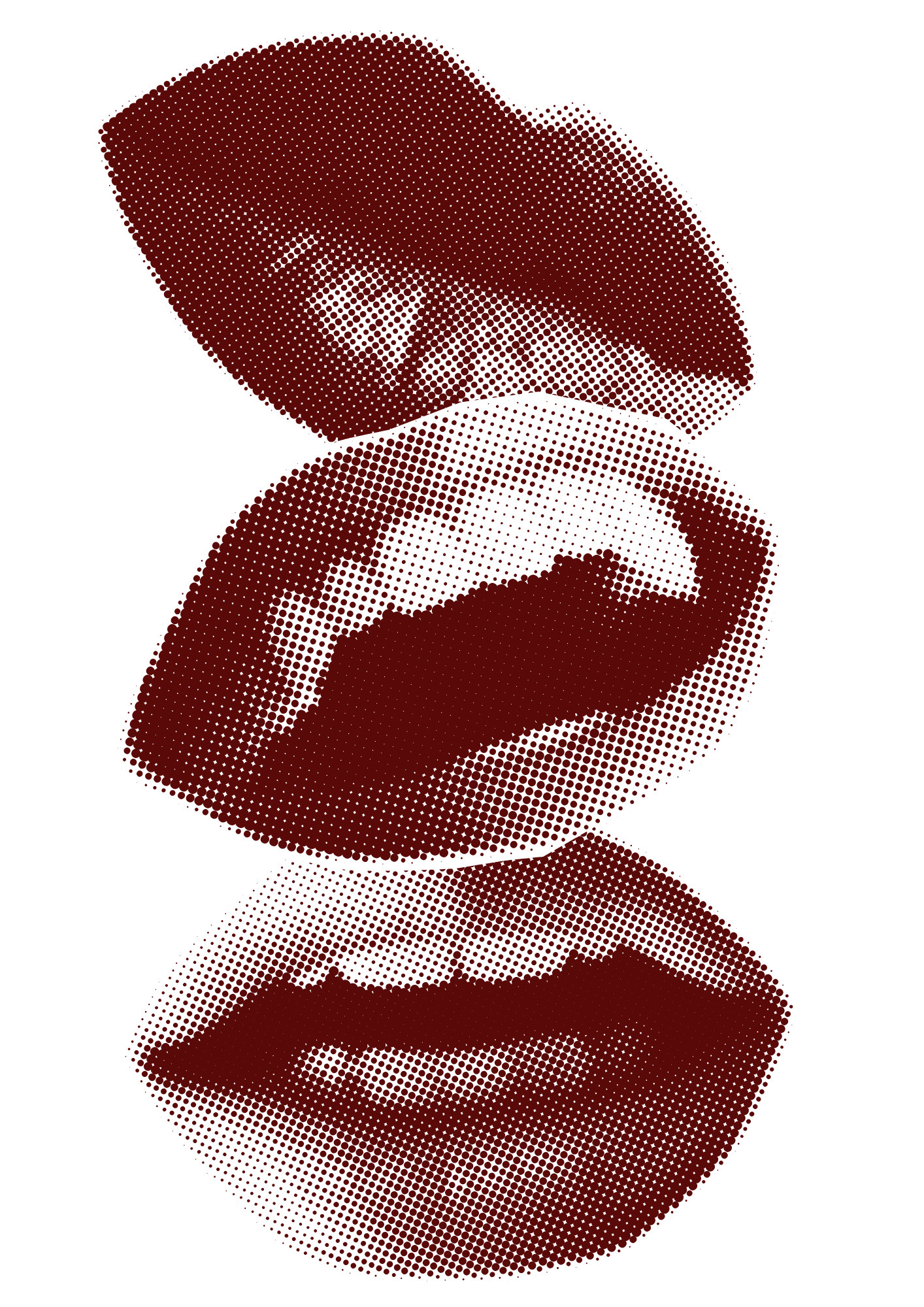 Digital art featuring three stylized red lips with a halftone dot pattern on a black background, arranged vertically with reflections below each.