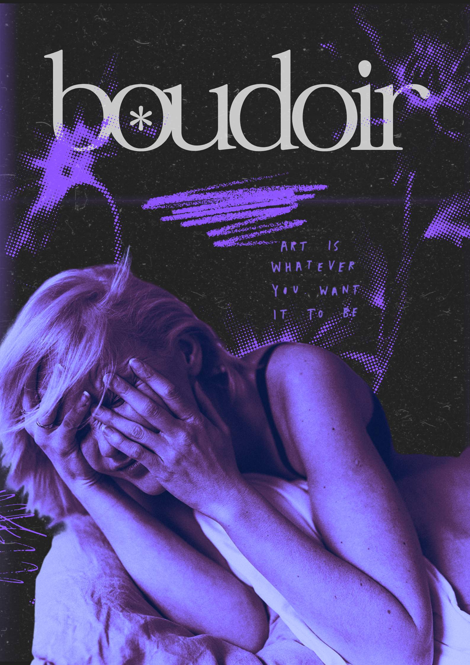 A woman with blonde hair covering her face with her hands, appearing distressed, against a purple and black abstract background. The text on the image reads "houdir" and "Art is whatever you want it to be."