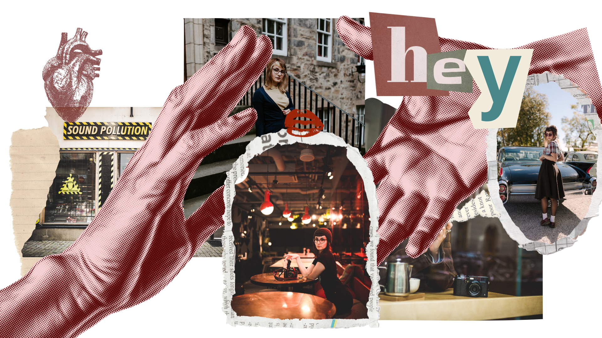 A collage of vintage style photographs, torn paper, and illustrations centered around women's fashion and urban scenes. Includes images of women in retro attire, a sound pollution warning outside a shop, and vibrant indoor and outdoor settings.