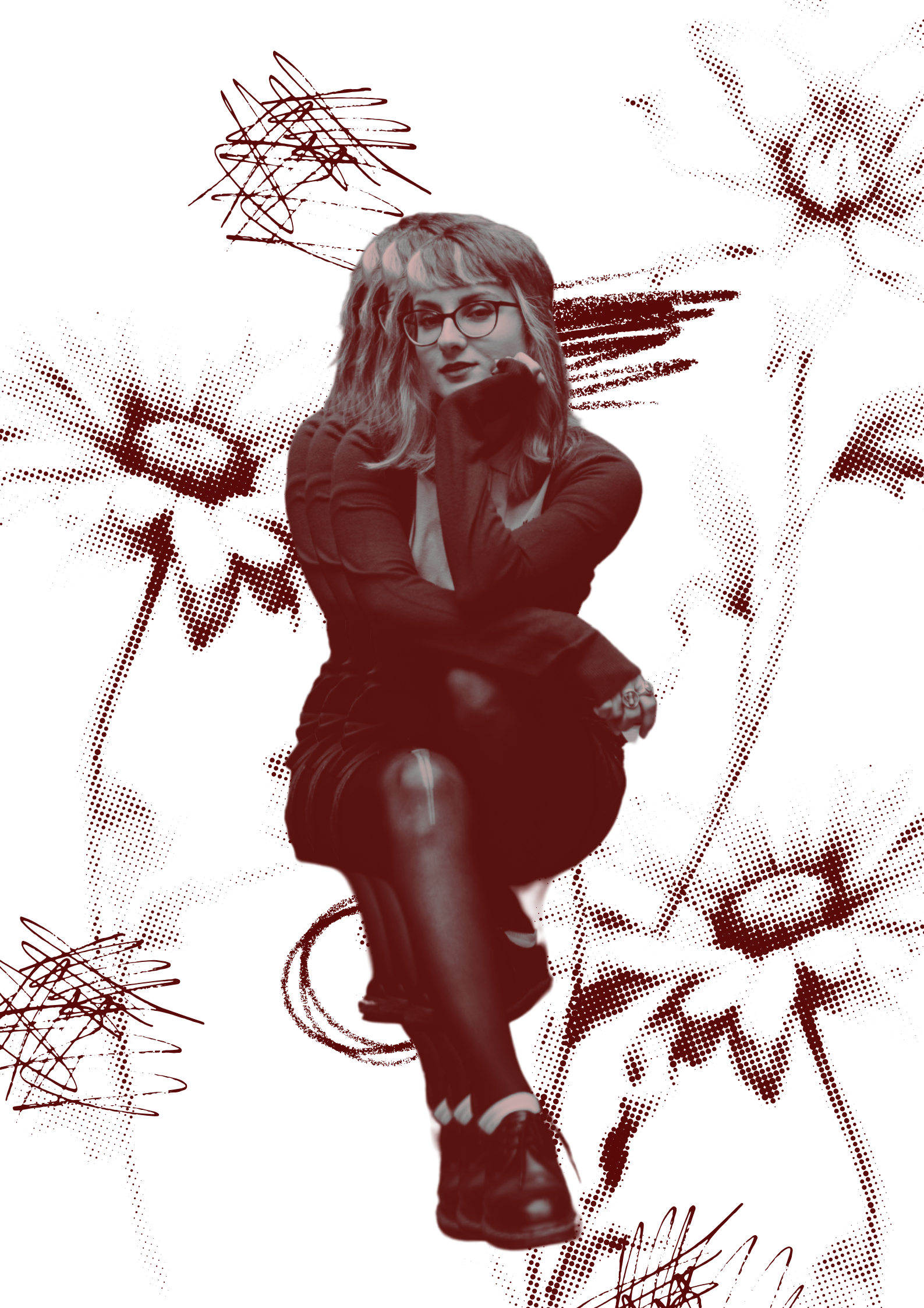 A young woman with glasses and wavy hair, sitting with her arms crossed and chin resting on her hand, wearing a black long-sleeve top, ripped jeans, and sneakers, against a dark red background.