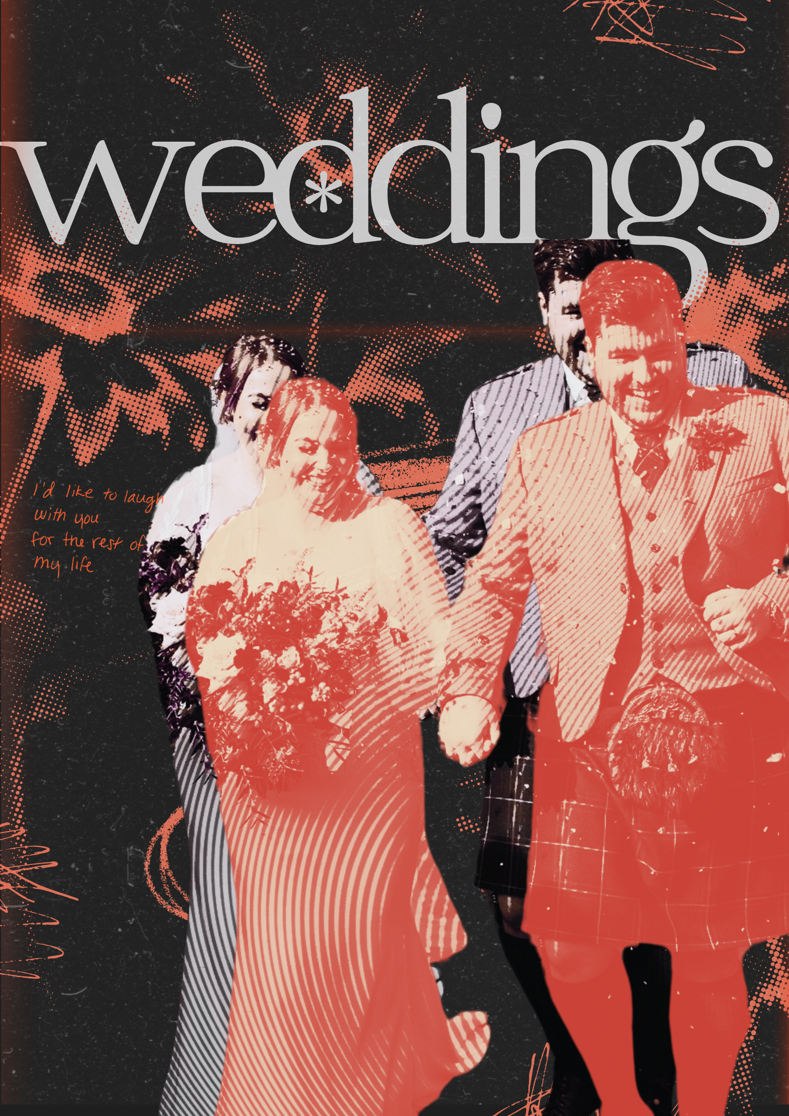 A stylized, high-contrast group photo of a bride and groom holding hands, surrounded by friends at a wedding, with graphic design elements and the word 'weddings' at the top.