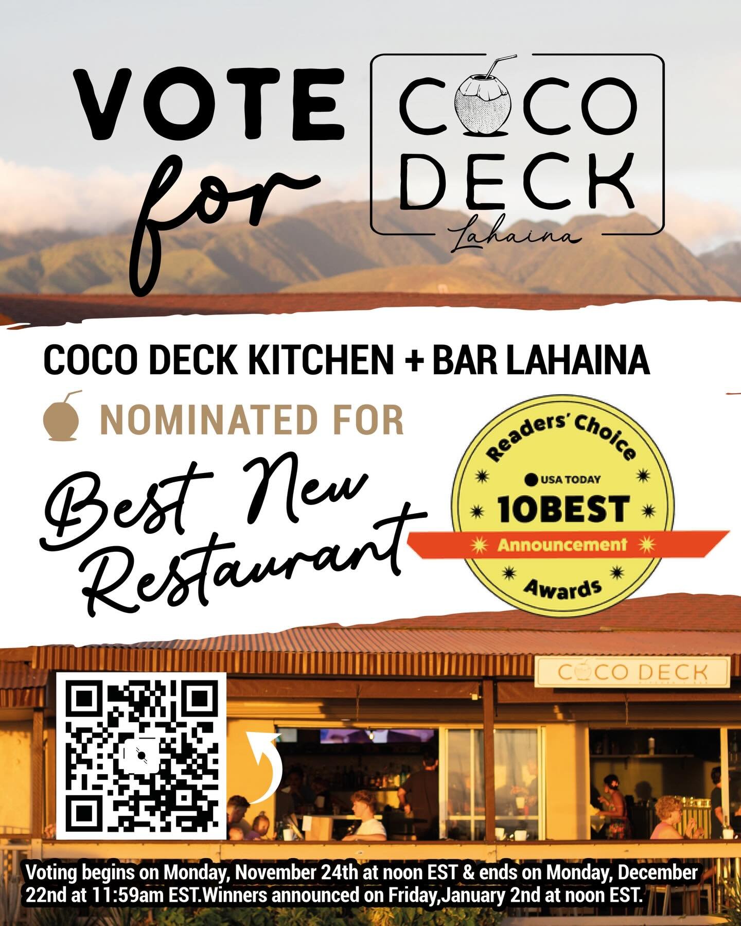 We&rsquo;re so honored to be nominated for Best New Restaurant in @usatoday @10best Readers Choice Awards! 🌟 Voting is open now through December 22 &amp; you can vote once a day! Mahalos for all your love &amp; support to get us this far! Link bio t