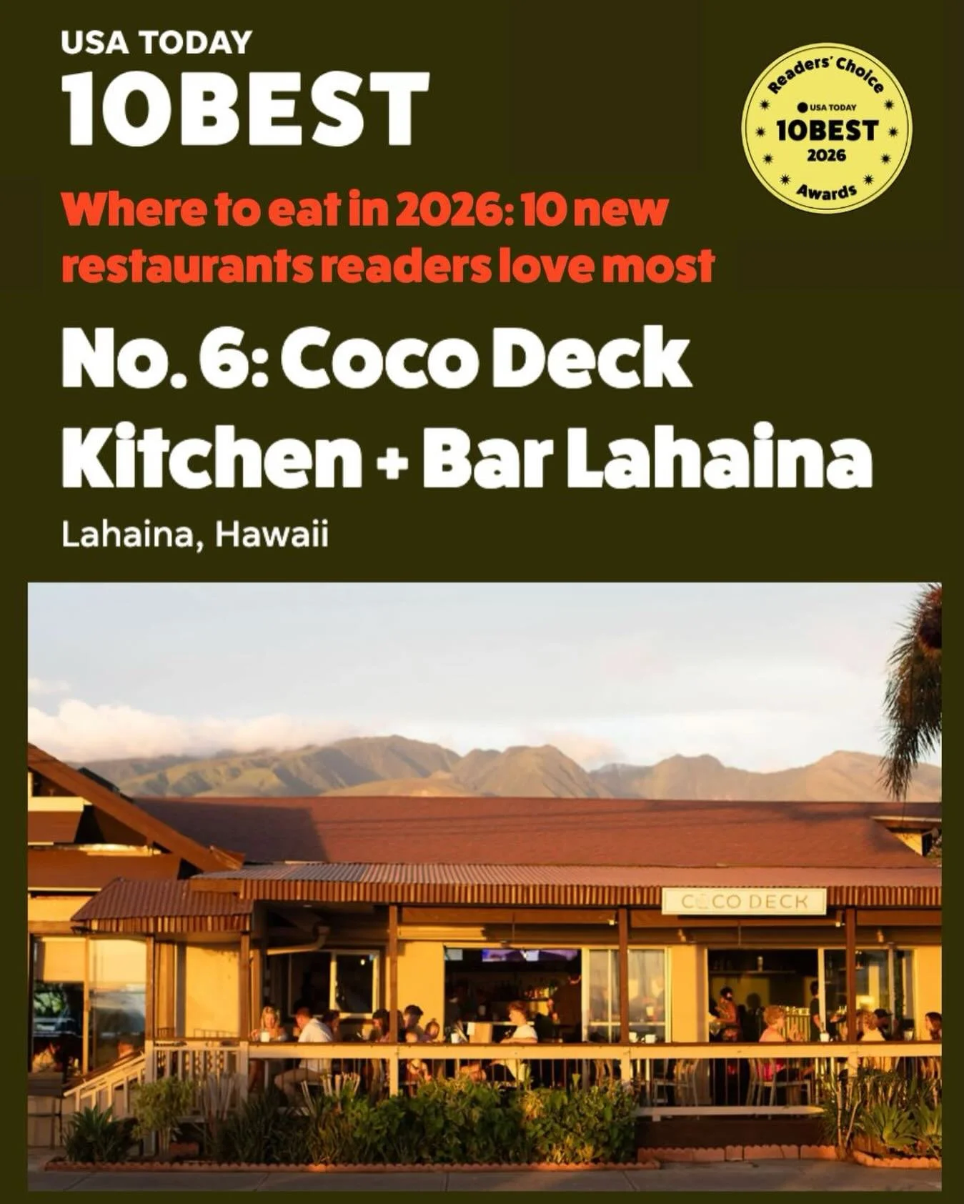 TOP 10 ALERT ‼️🚨 Coco Deck has been named #6 Best New Restaurant in the United States by @10best @usatoday Readers&rsquo; Choice Awards! 🏆🇺🇸 We are beyond honored to be recognized among such an inspiring group of restaurants from across the count