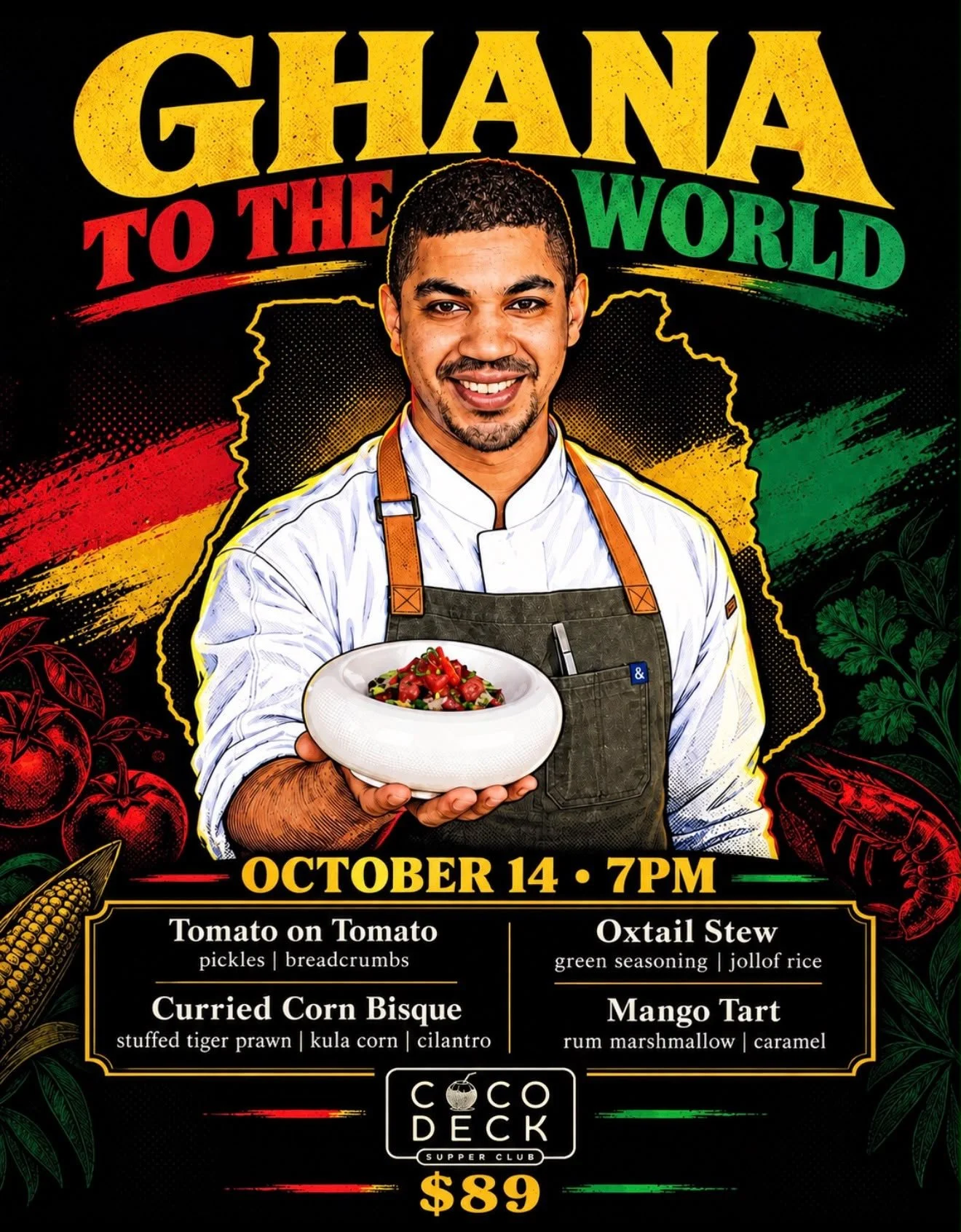 5 days away from the next Coco Deck Supper Club 🔥 Enjoy a four-course menu featuring Tomato on Tomato, Curried Corn Bisque, Oxtail Stew, and Mango Tart. Limited seating available, so reserve your spot and come experience something truly special!