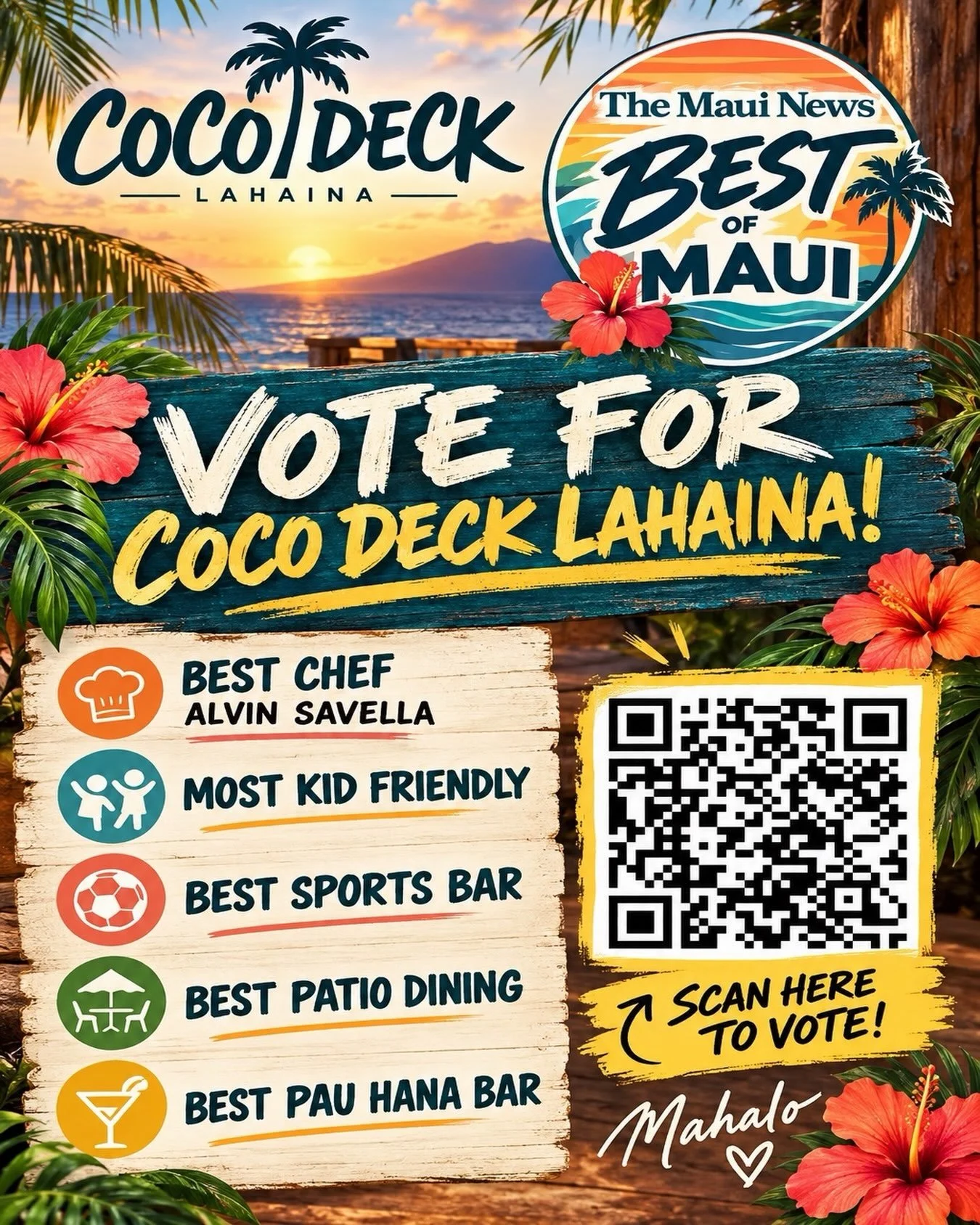 Coco Deck Lahaina has been nominated in multiple categories for The Maui News&rsquo; Best of Maui 2026&ndash;2027, and we&rsquo;d love your support! And while you&rsquo;re voting, don&rsquo;t forget to show some love to all your other favorite Maui b