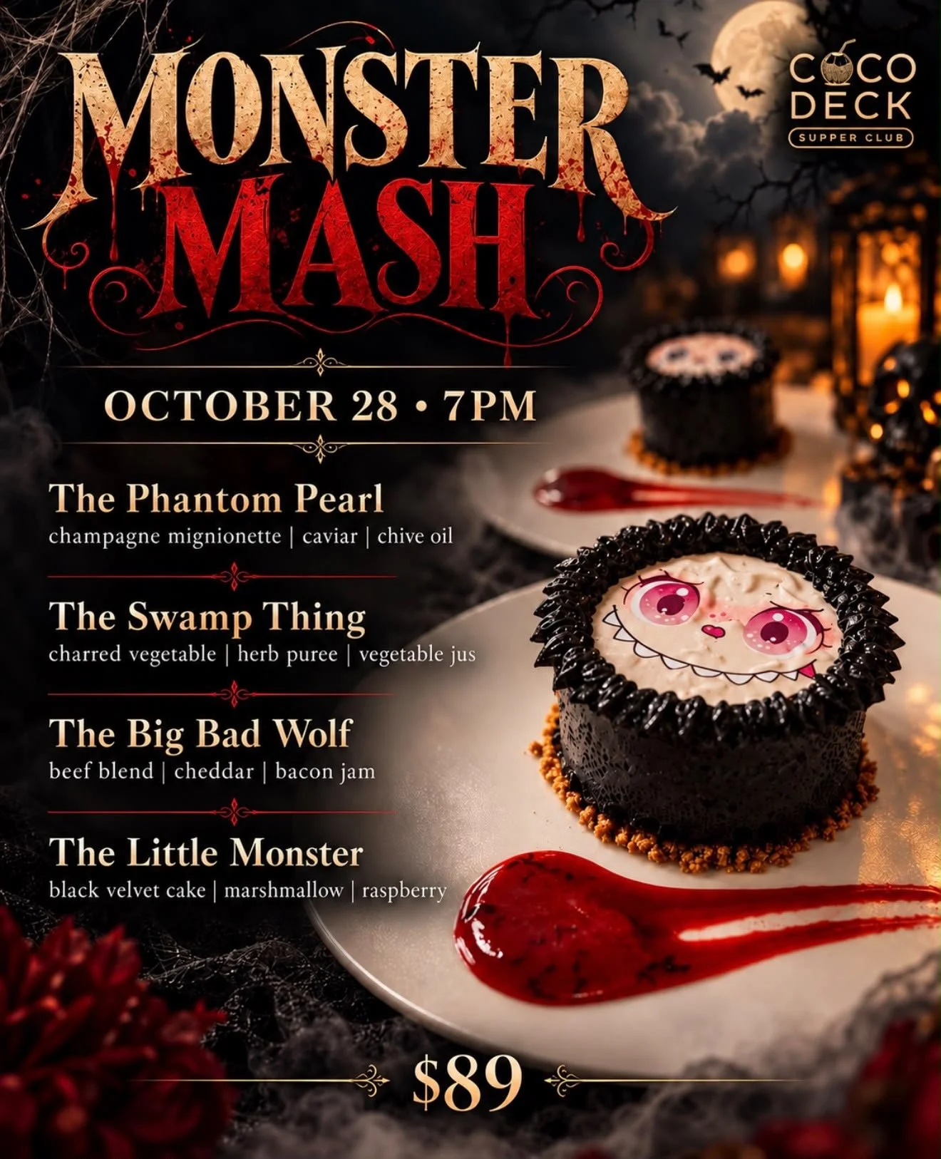 LESS THAN A WEEK AWAY! Get ready for a deliciously spooky night at Coco Deck Supper Club 👻 Come hungry and ready for a night of creative dishes, eerie flavors, and Halloween fun. Limited seating available, book now! Link in our bio!