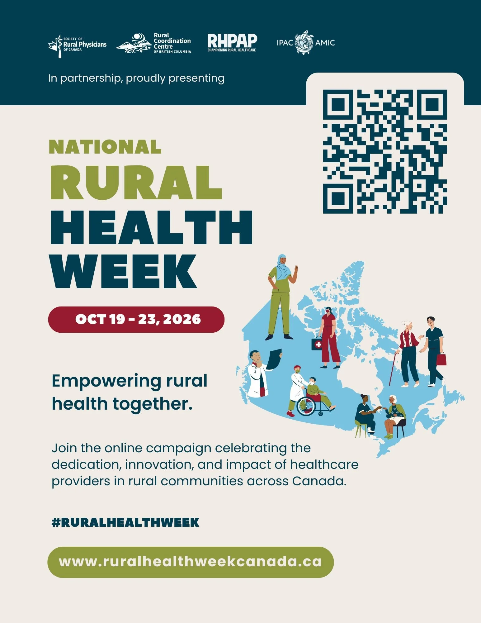 Poster for National Rural Health Week, October 19-23, 2026, featuring a map of Canada with illustrations of rural healthcare workers and patients, a QR code, and a website link.
