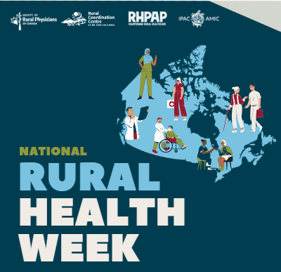 Poster for National Rural Health Week with images of rural landscapes, healthcare workers, community gatherings, and outdoor scenes, with text highlighting the dates October 19-23, 2026, and the slogan "Empowering rural health together."