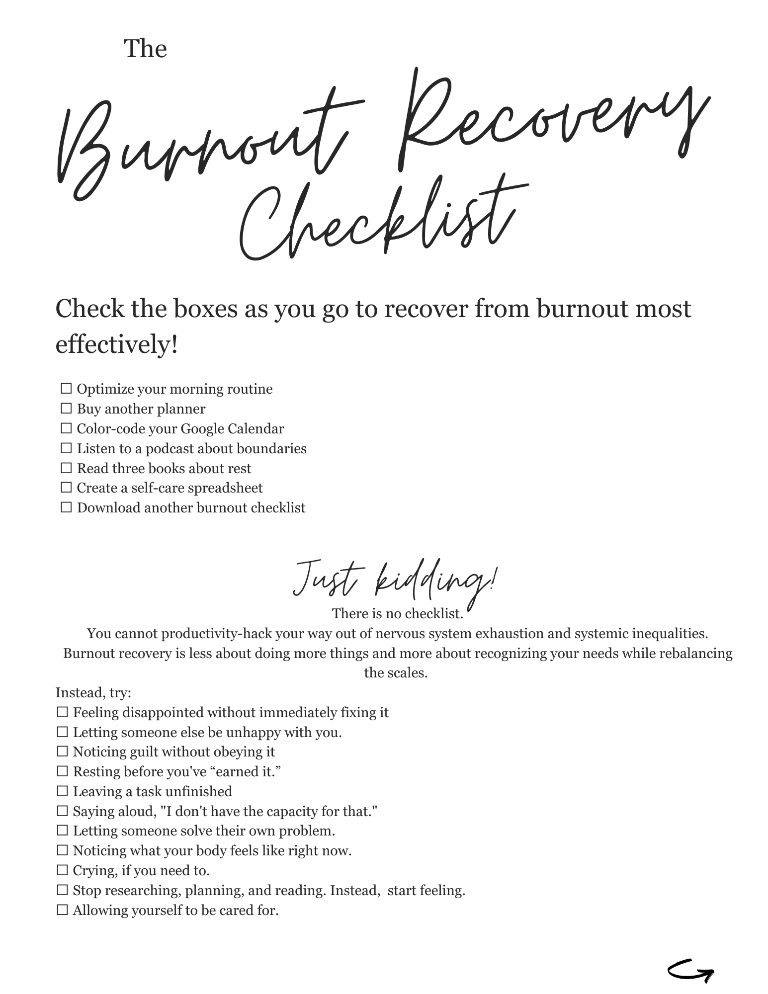 The graphic reframes burnout recovery around boundaries, nervous system regulation, rest, emotional awareness, and accepting support instead of doing more.