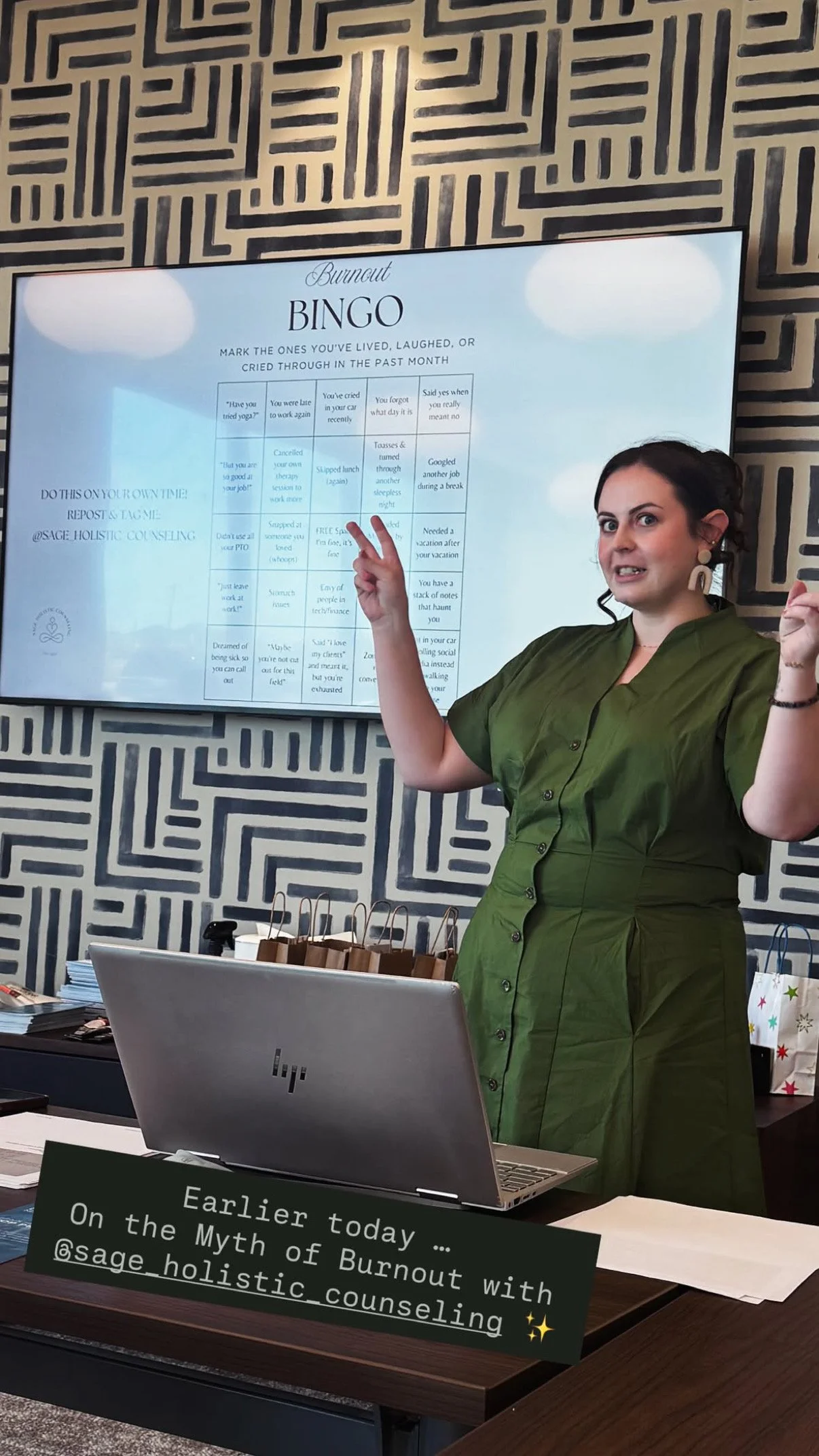 Mental health speaker leading burnout workshop for therapists with presentation on overfunctioning and burnout