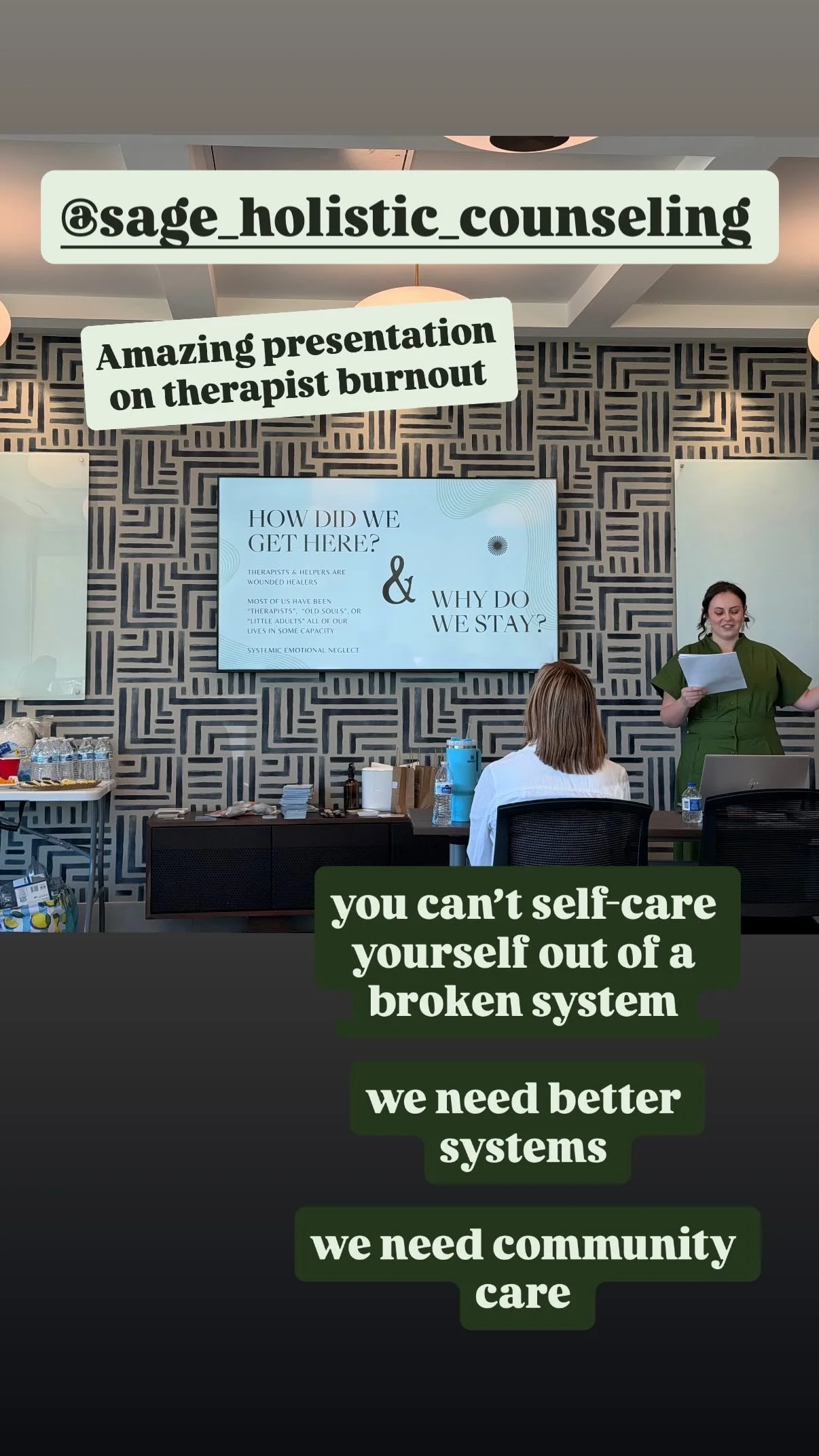 Therapist presenting on burnout myths with slide about self-care not fixing broken systems during training session