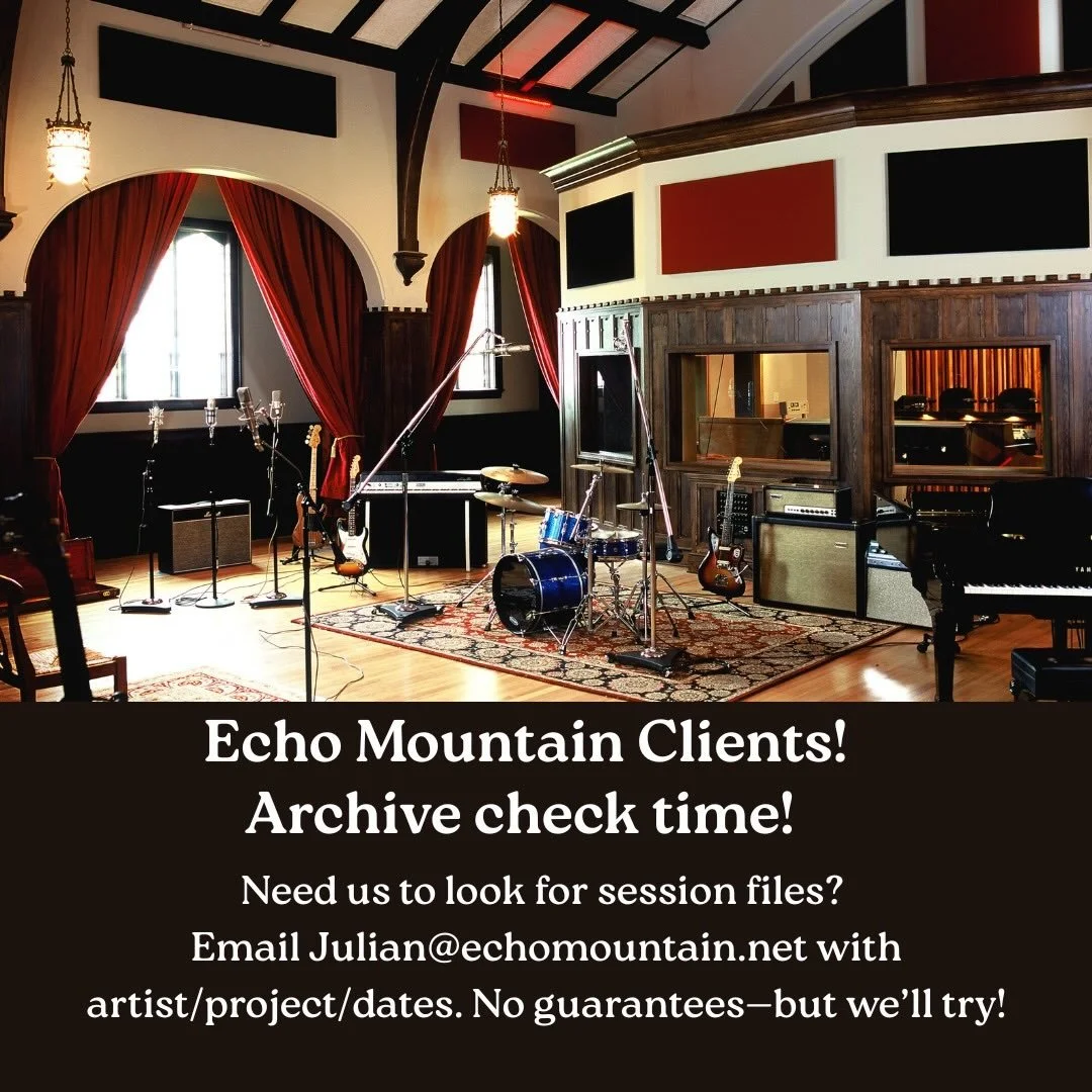 Archive check time!
.
If you&rsquo;ve recorded or mixed with us, please make sure you have your full session files/stems/masters backed up.
.
We may not have everything on our end, but if you think we might have something you&rsquo;re missing, reach 