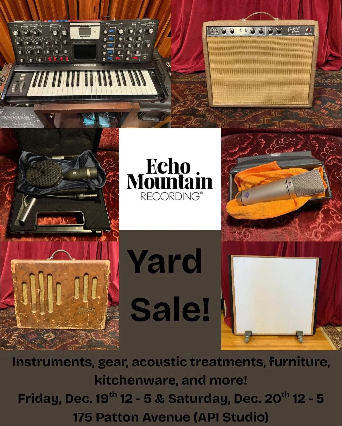We&rsquo;re having a yard sale!

Friends, please come down and say hello and take a little piece of Echo Mountain home with you. We&rsquo;ll have some gear, instruments, acoustic treatments, furniture, kitchenware, odds and ends, and more!

Friday, D