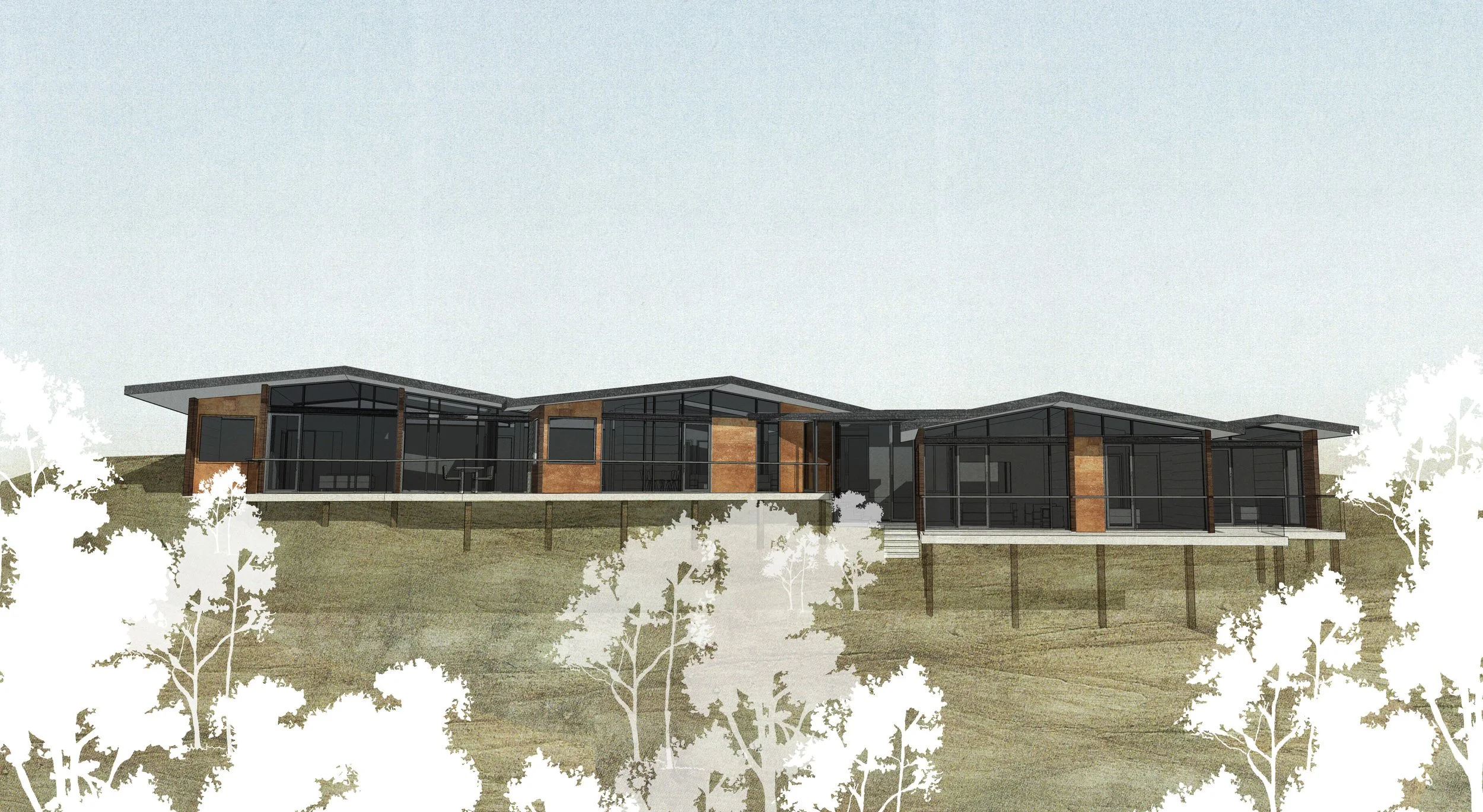 North view of triple low gable new home in Tasman designed by Architect Lauren Luff and Designer Keni-Duke Hetet, rendering with moss greens / white trees in foreground and light blue background, dark glacier with lighter timber elements.