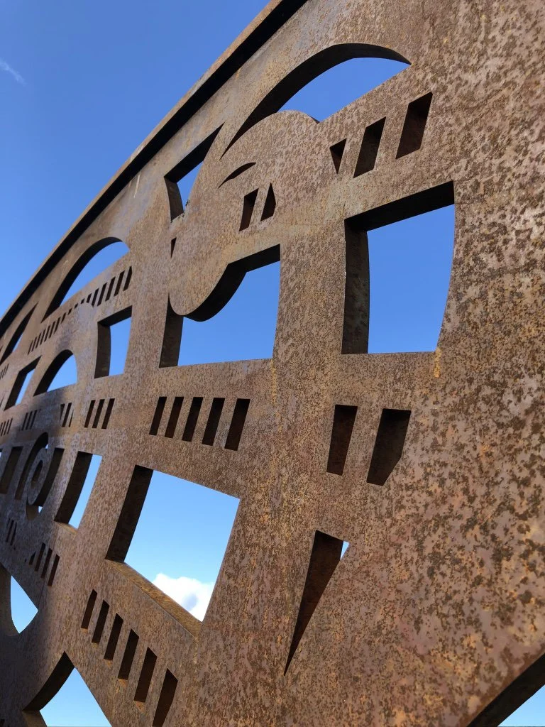 Cortin steel sculpture of Taupara (Waka prow) designed by artist Maia Heggland and refined detailing for steel-cutting by architectural designer Keni-Duke Hetet